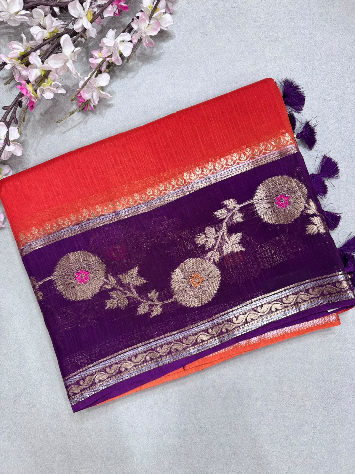 Orange Kota Crepe Meena Border Saree 110