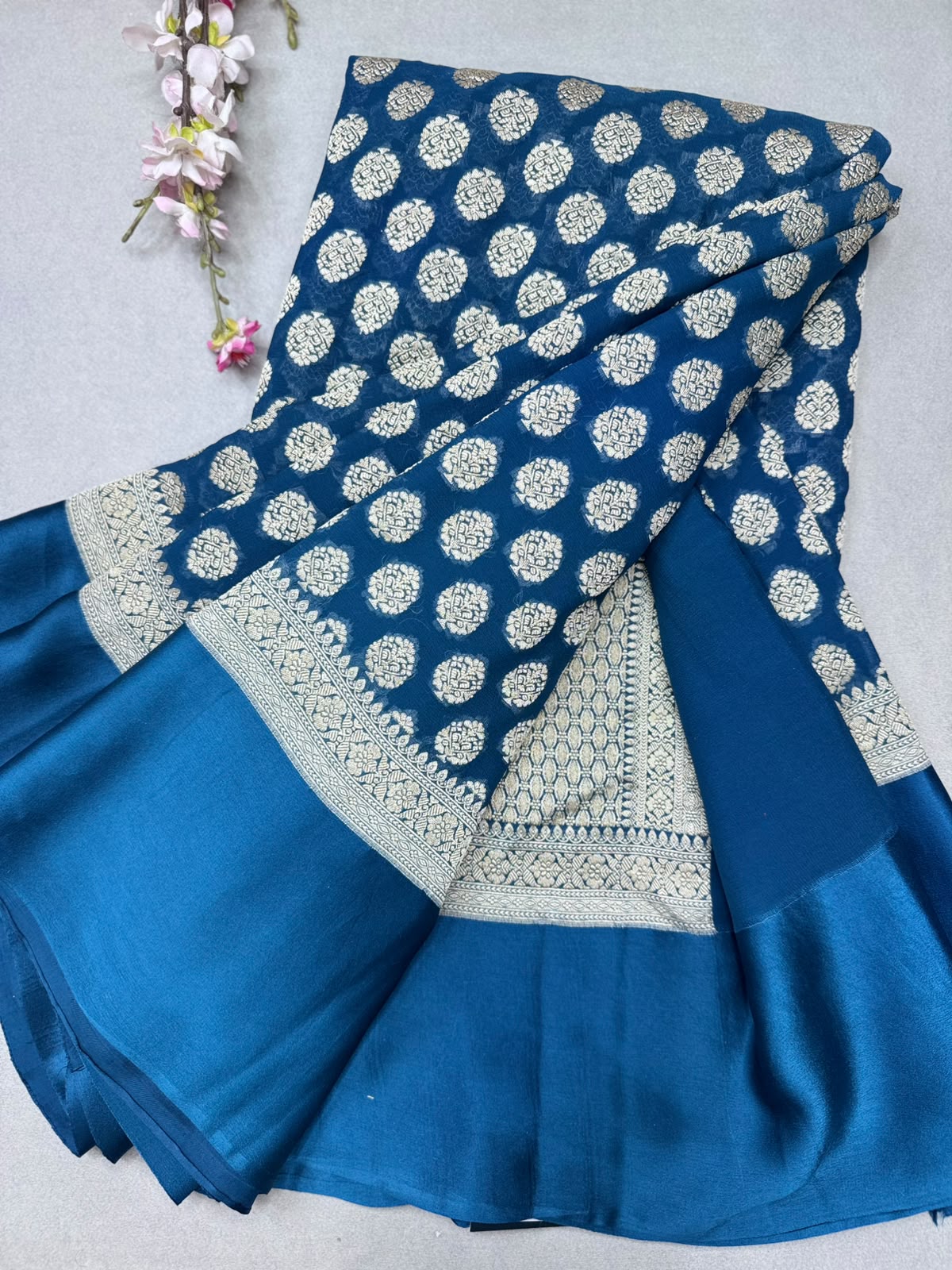 Blue Satin Border Pure Georgette Saree (Swara)