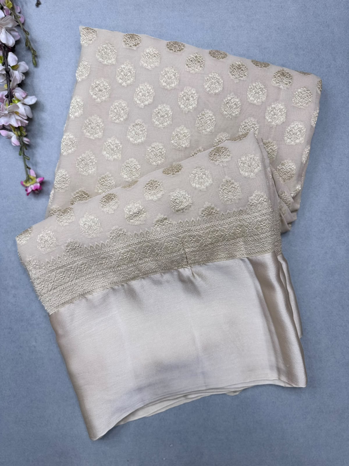 Cream Satin Border Pure Georgette Saree (Swara)