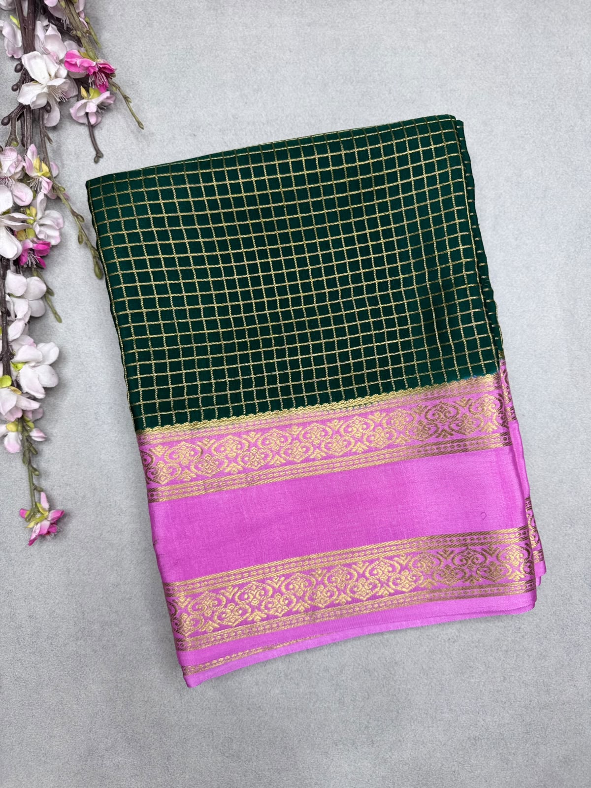 Bottle Green Checks Pure Mysore Crepe Silk Saree 110