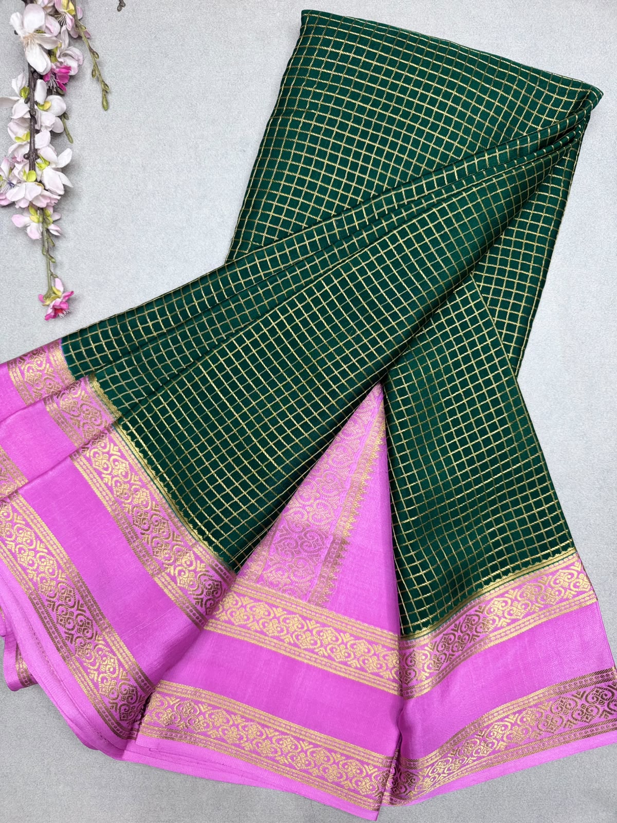 Bottle Green Checks Pure Mysore Crepe Silk Saree 110