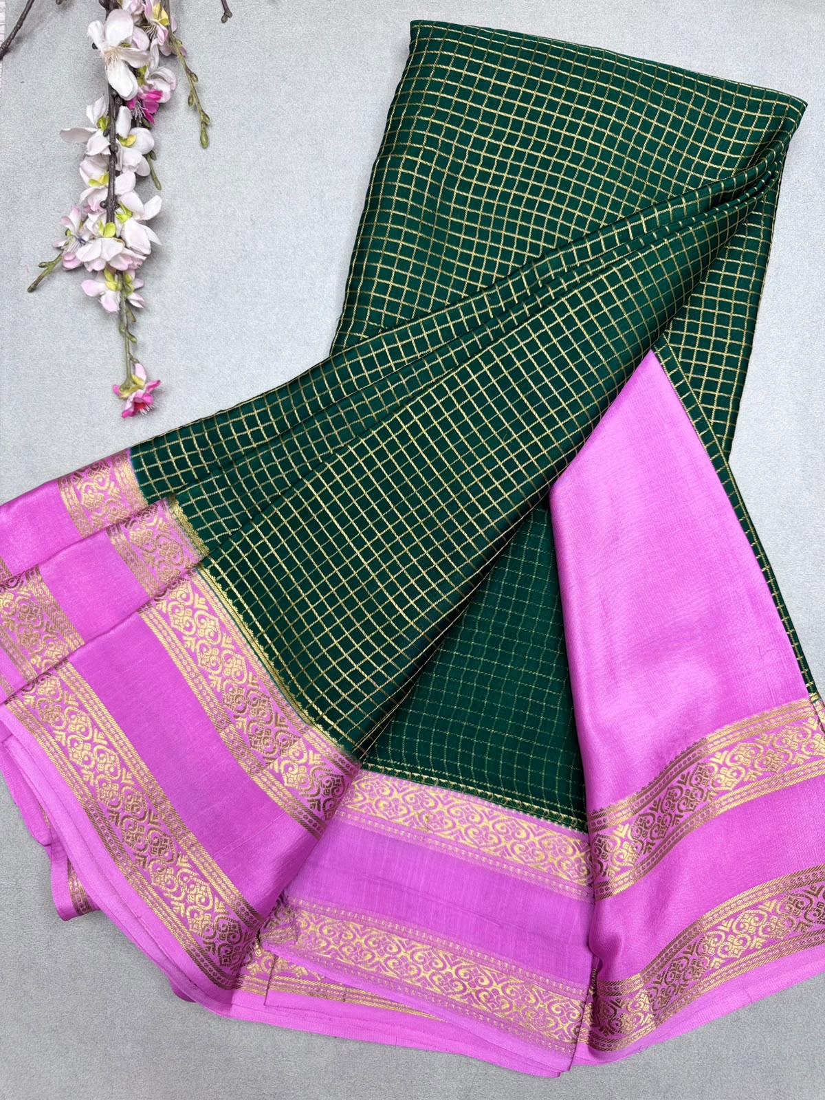 Bottle Green Checks Pure Mysore Crepe Silk Saree 110