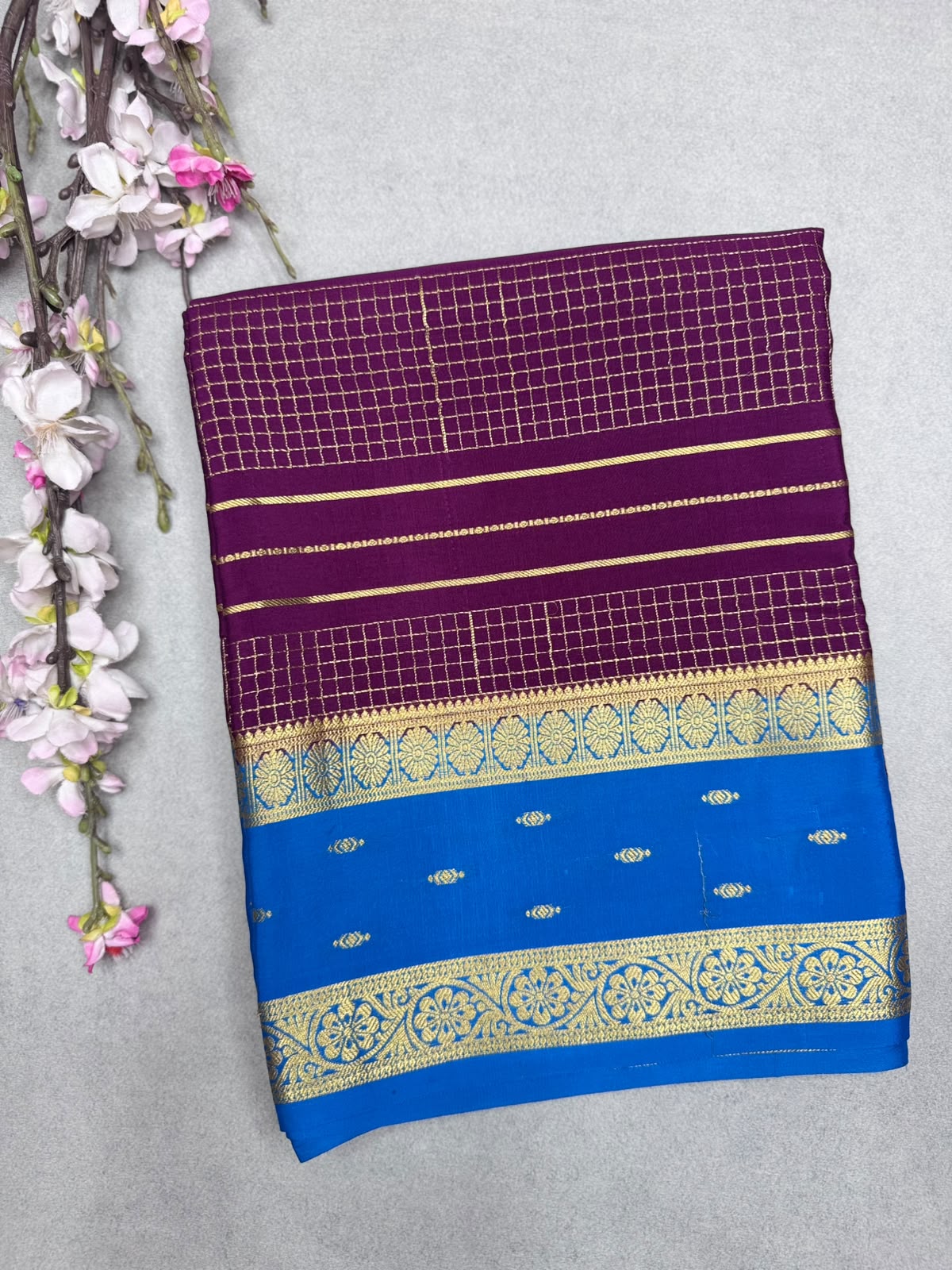 Wine Checks Pure Mysore Crepe Silk Saree 110