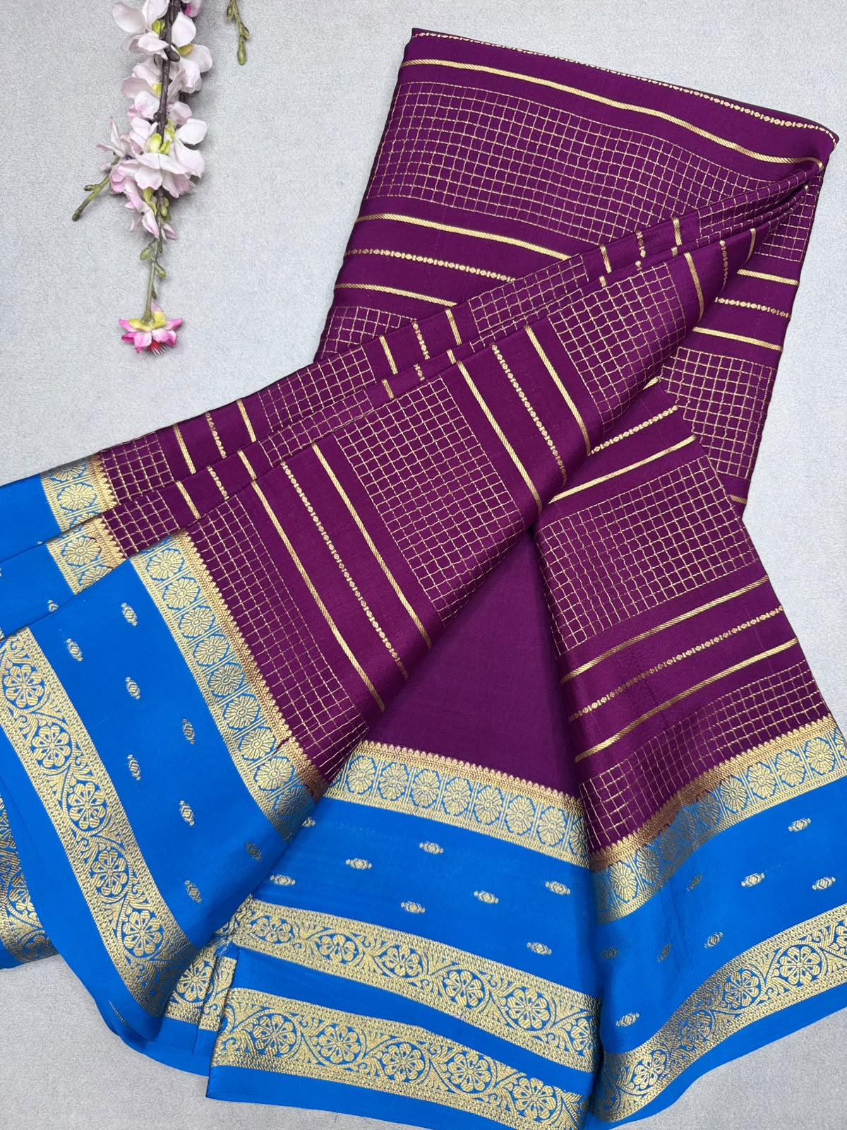 Wine Checks Pure Mysore Crepe Silk Saree 110