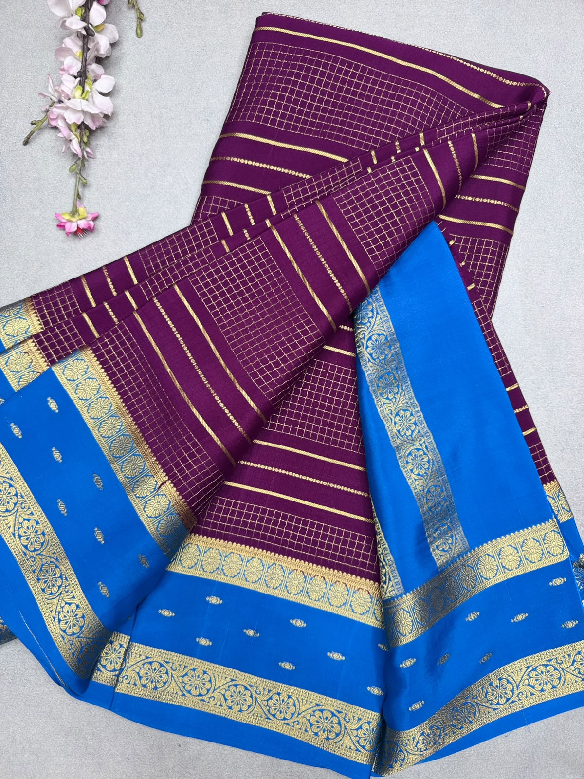 Wine Checks Pure Mysore Crepe Silk Saree 110
