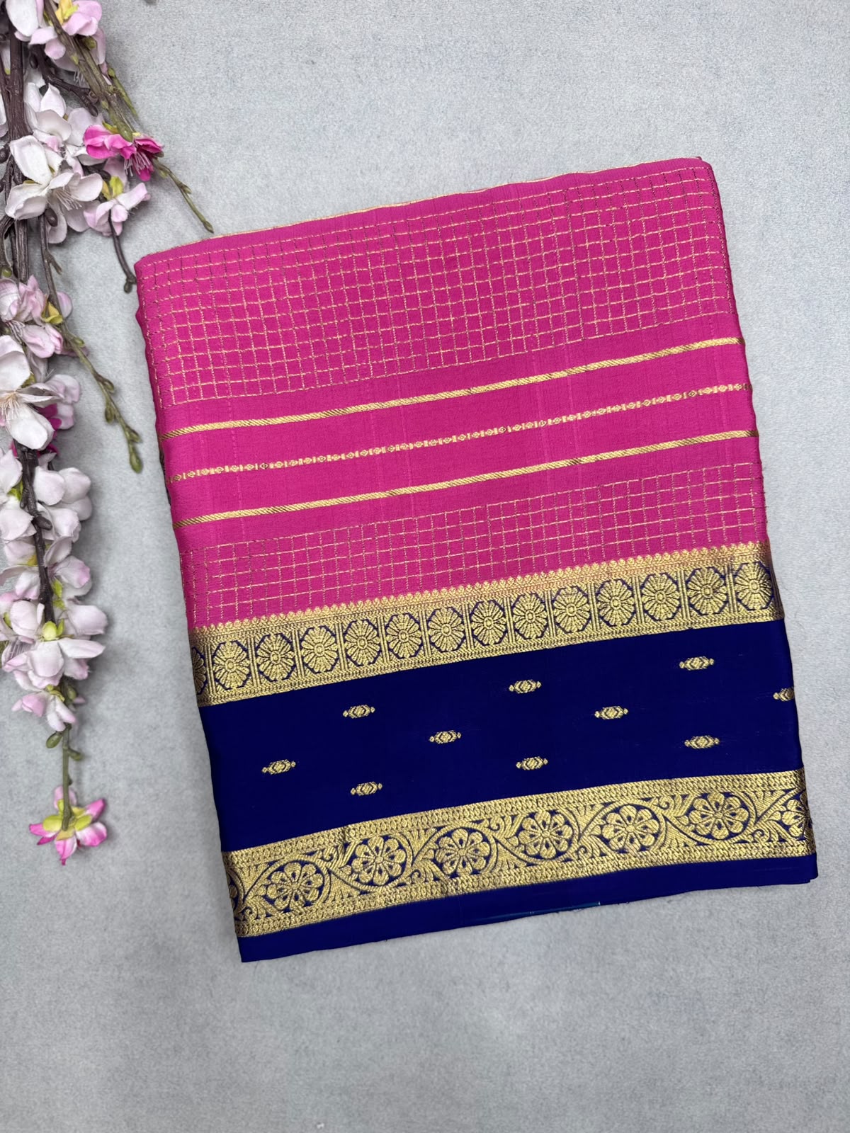 Pink Checks Pure Mysore Crepe Silk Saree 110
