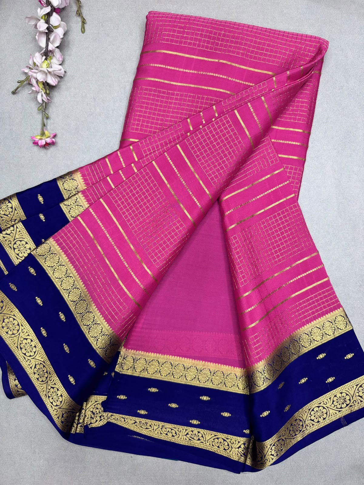 Pink Checks Pure Mysore Crepe Silk Saree 110