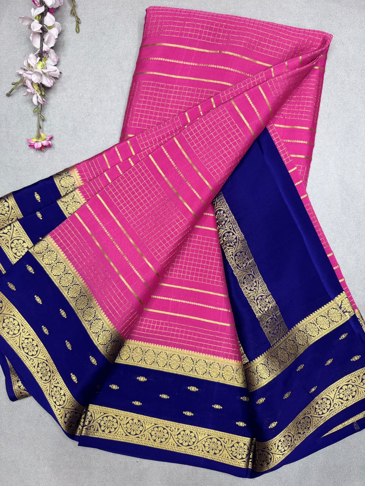 Pink Checks Pure Mysore Crepe Silk Saree 110