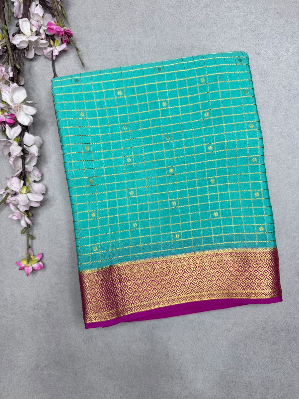 Sea Green Checks Pure Mysore Crepe Silk Saree 110