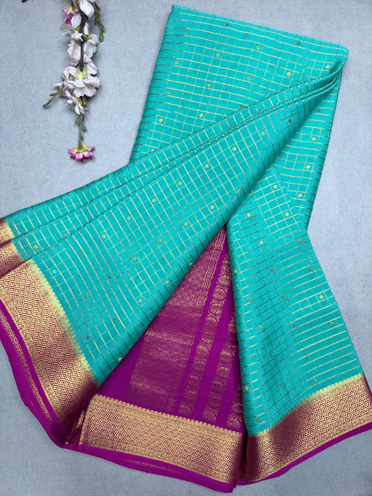 Sea Green Checks Pure Mysore Crepe Silk Saree 110
