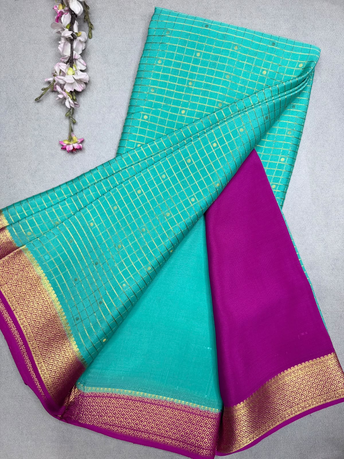 Sea Green Checks Pure Mysore Crepe Silk Saree 110