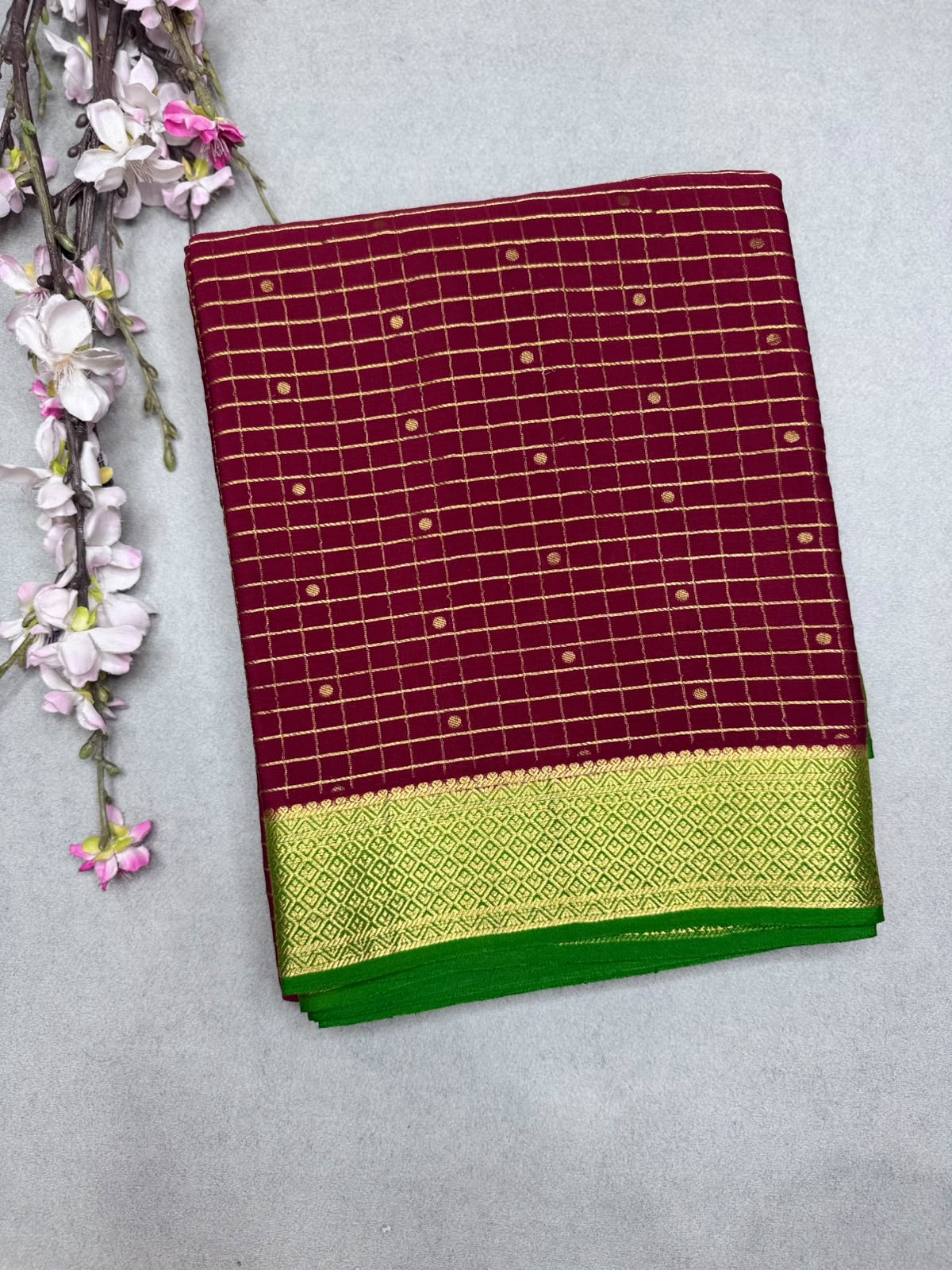 Maroon Checks Pure Mysore Crepe Silk Saree 110