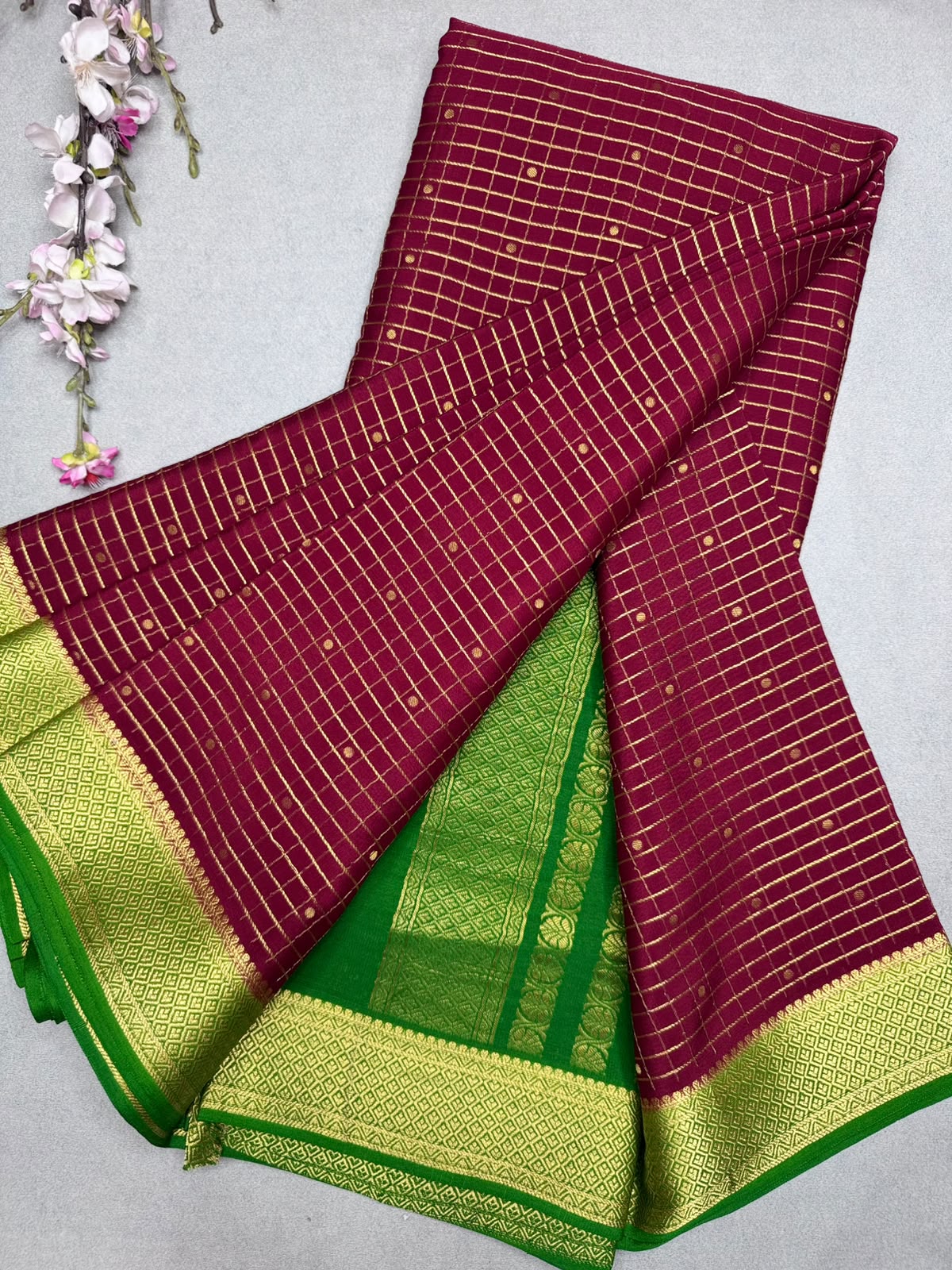 Maroon Checks Pure Mysore Crepe Silk Saree 110