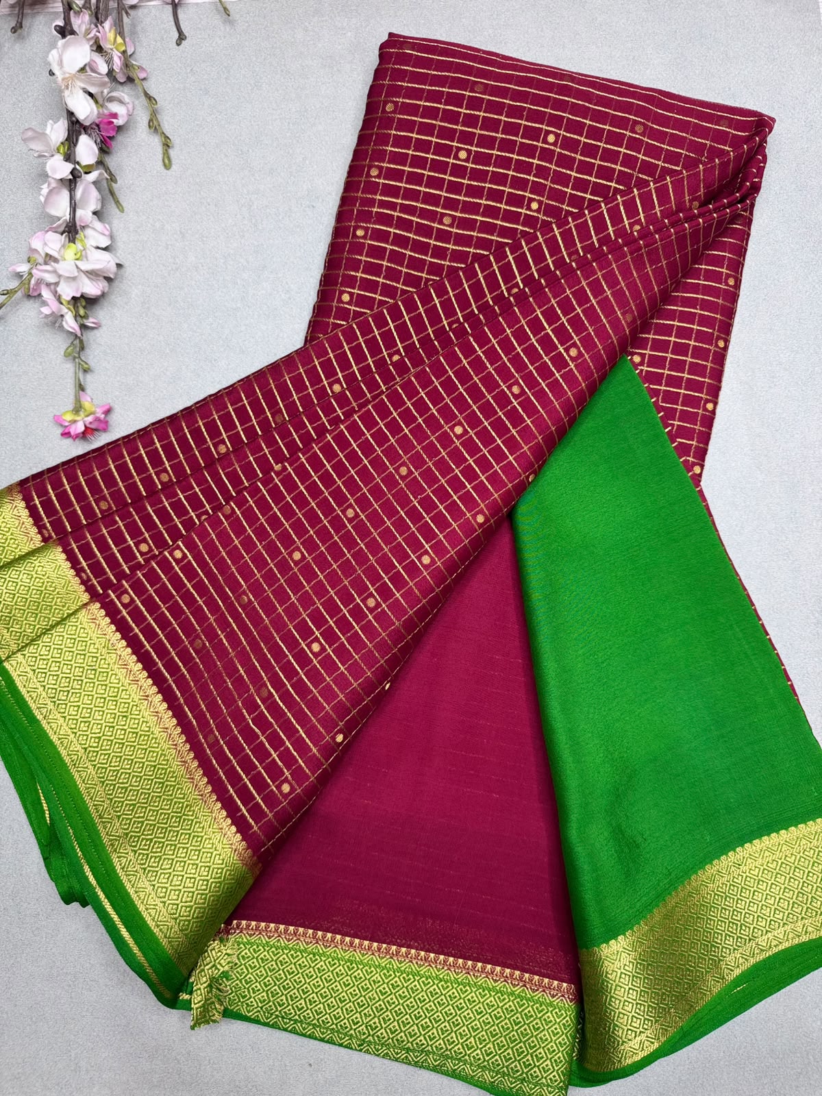 Maroon Checks Pure Mysore Crepe Silk Saree 110