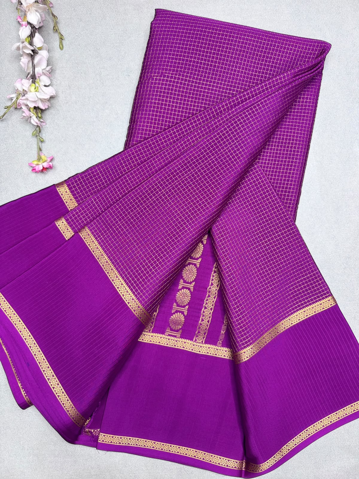 Magenta Checks Pure Mysore Crepe Silk Saree 110