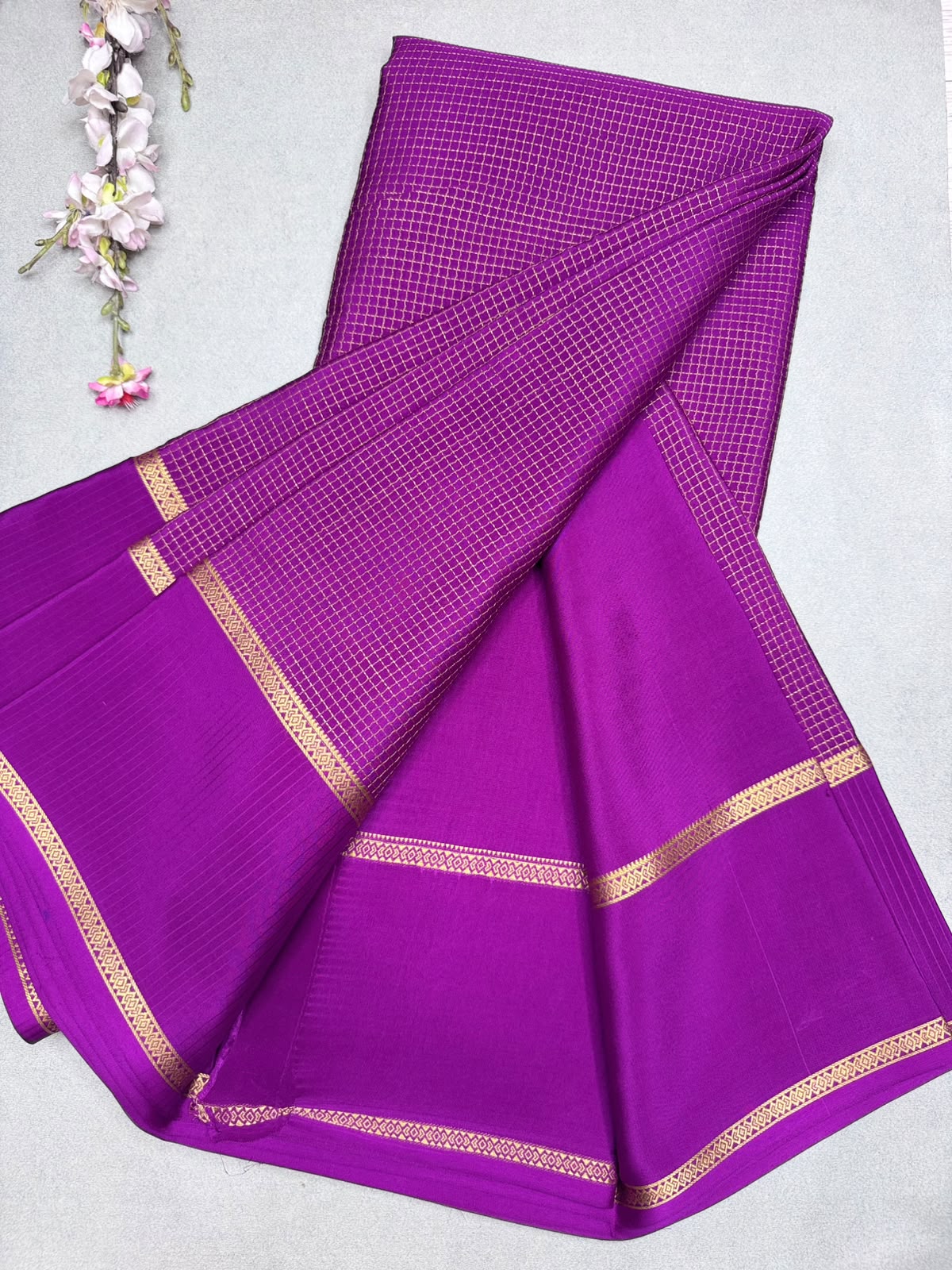 Magenta Checks Pure Mysore Crepe Silk Saree 110