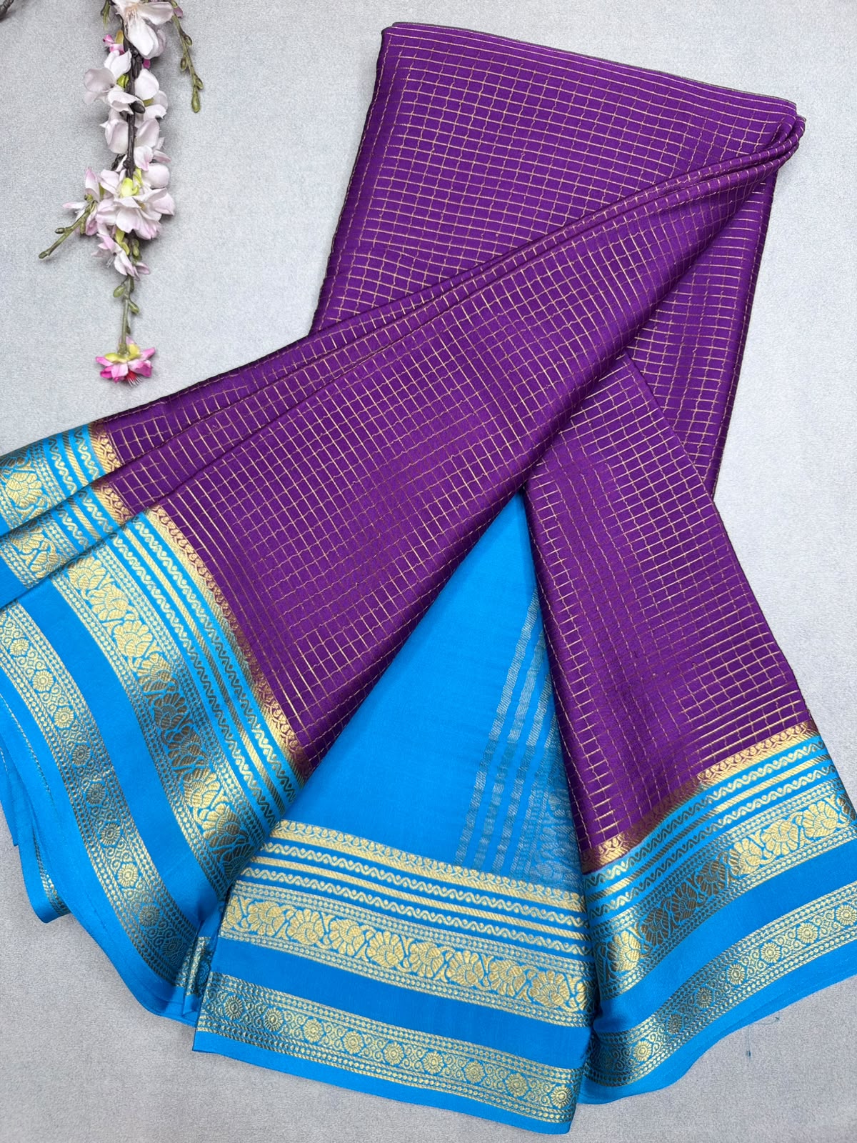 Purple Checks Pure Mysore Crepe Silk Saree 110