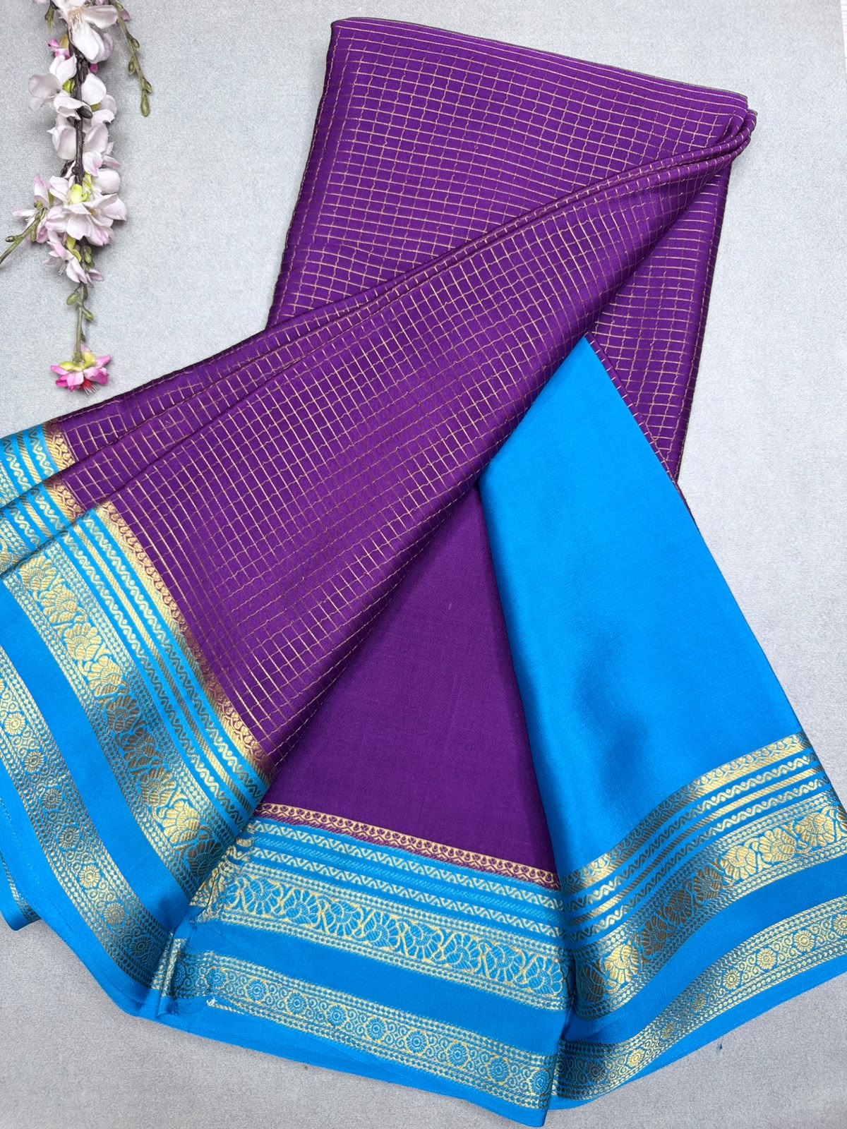 Purple Checks Pure Mysore Crepe Silk Saree 110