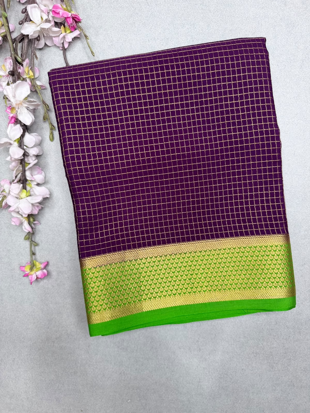 Wine Checks Pure Mysore Crepe Silk Saree 110