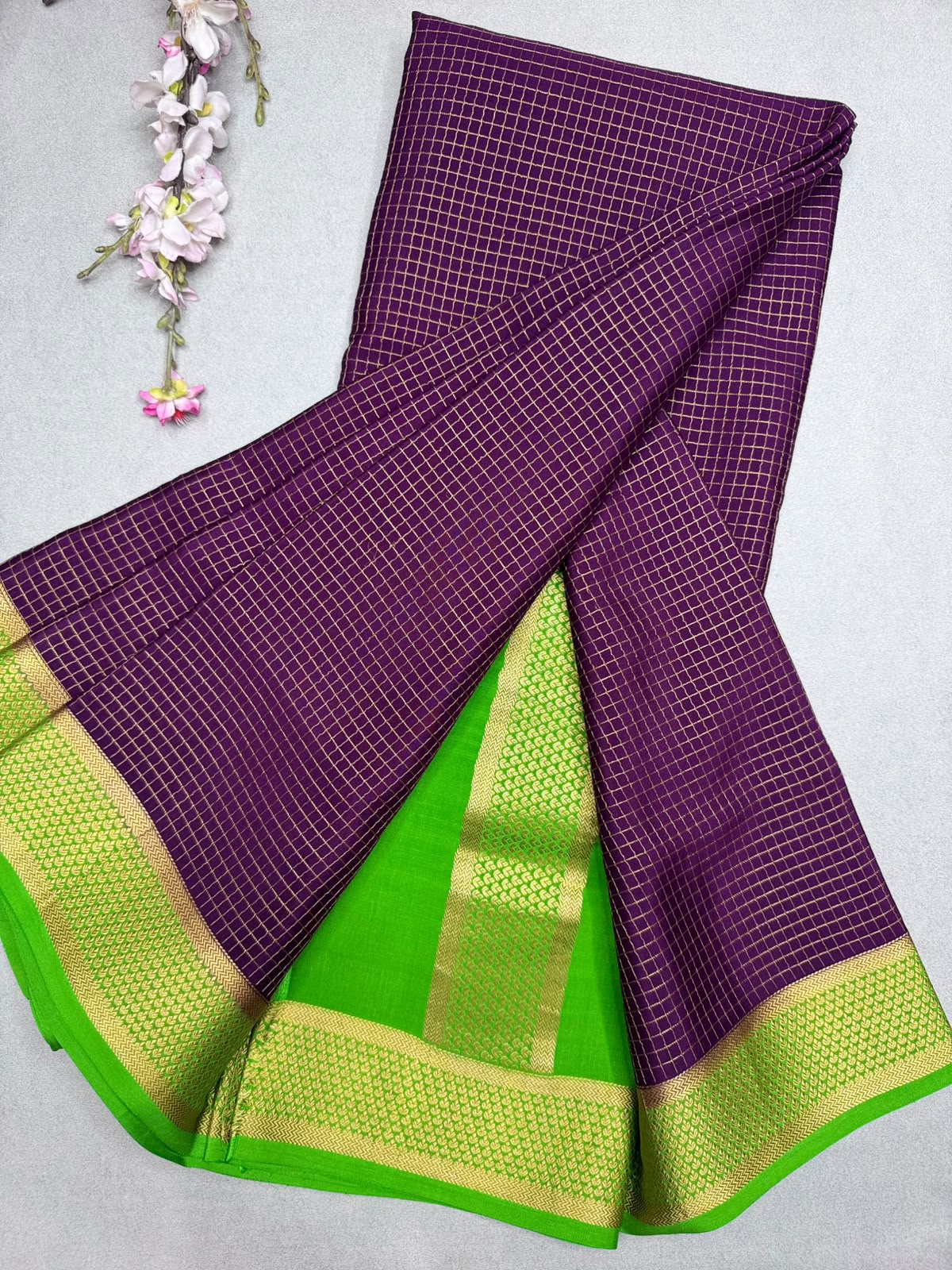 Wine Checks Pure Mysore Crepe Silk Saree 110