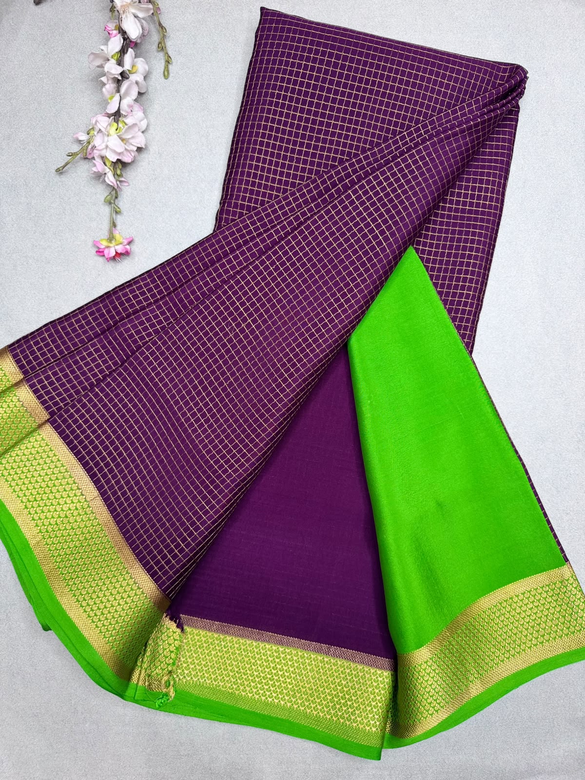 Wine Checks Pure Mysore Crepe Silk Saree 110