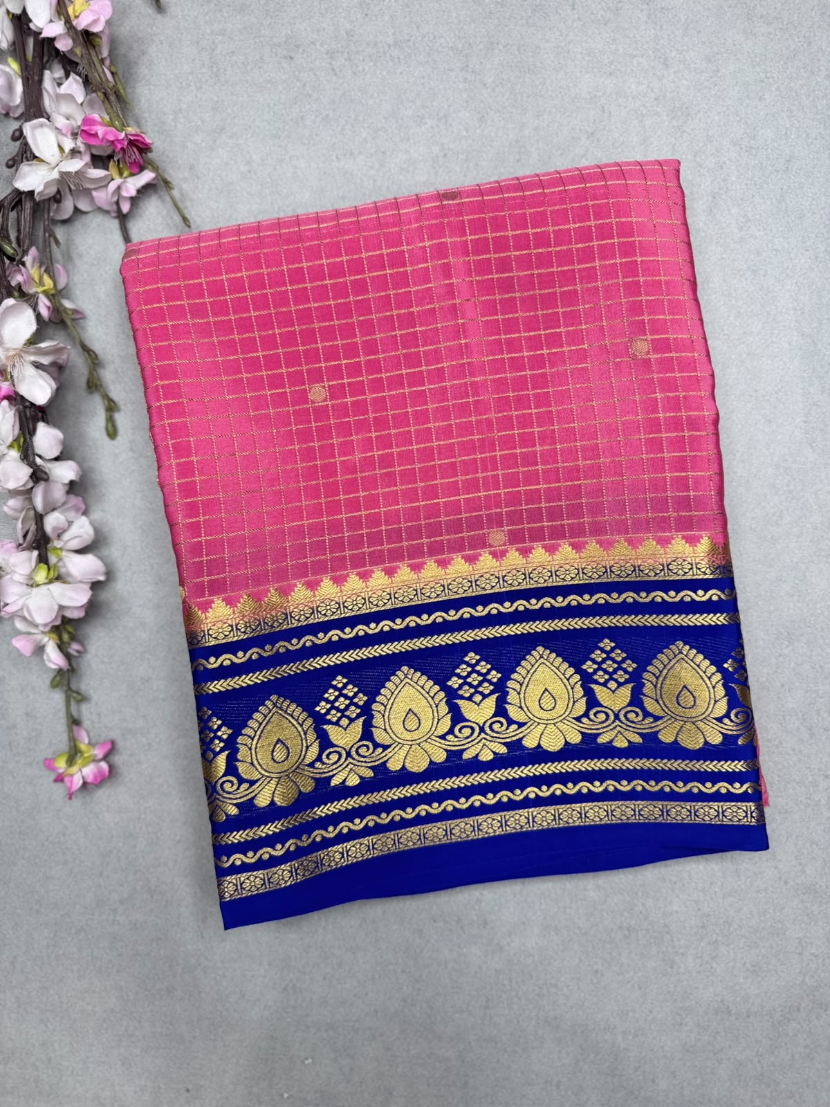 Pink Checks Pure Mysore Crepe Silk Saree 110