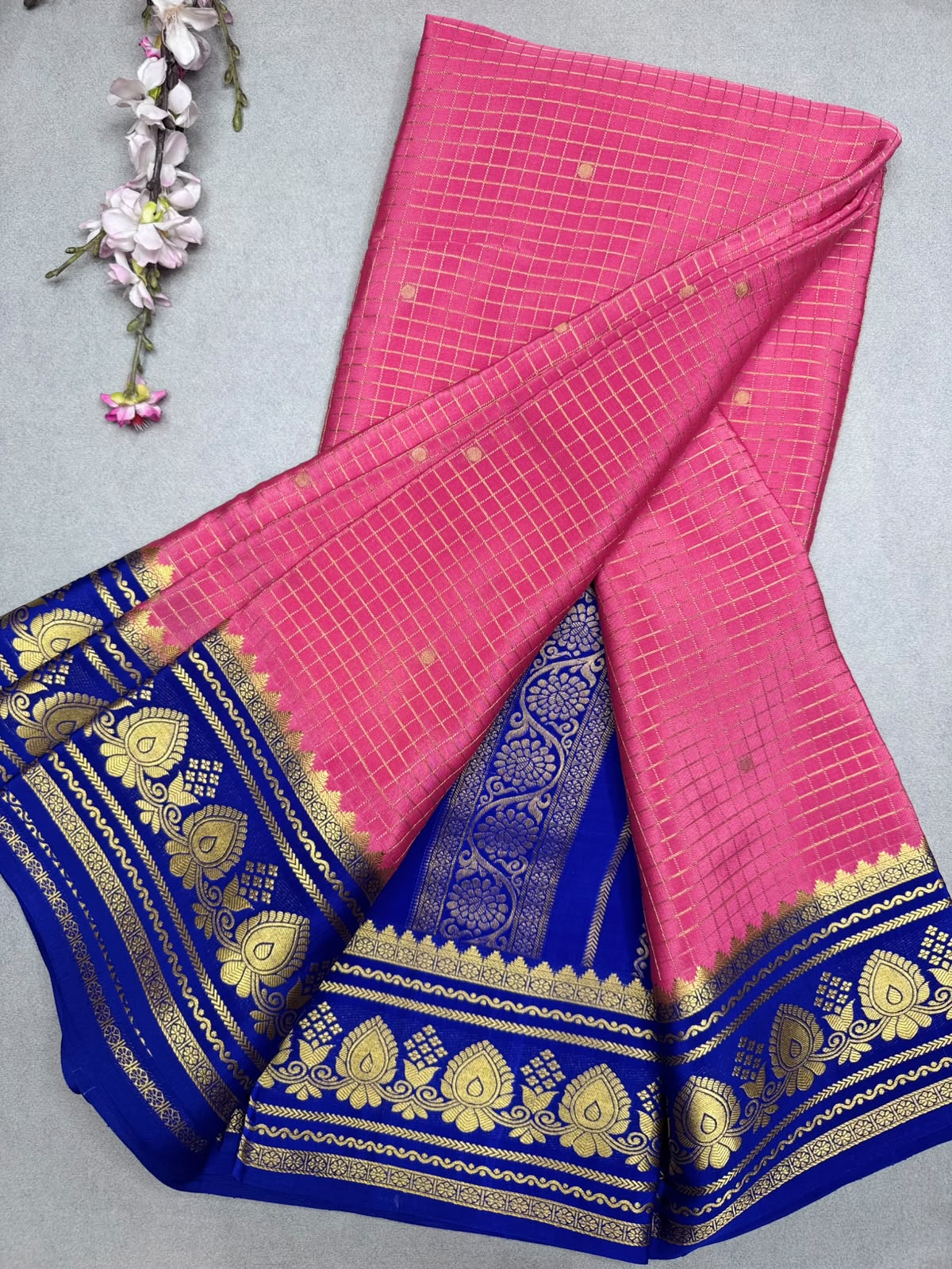 Pink Checks Pure Mysore Crepe Silk Saree 110