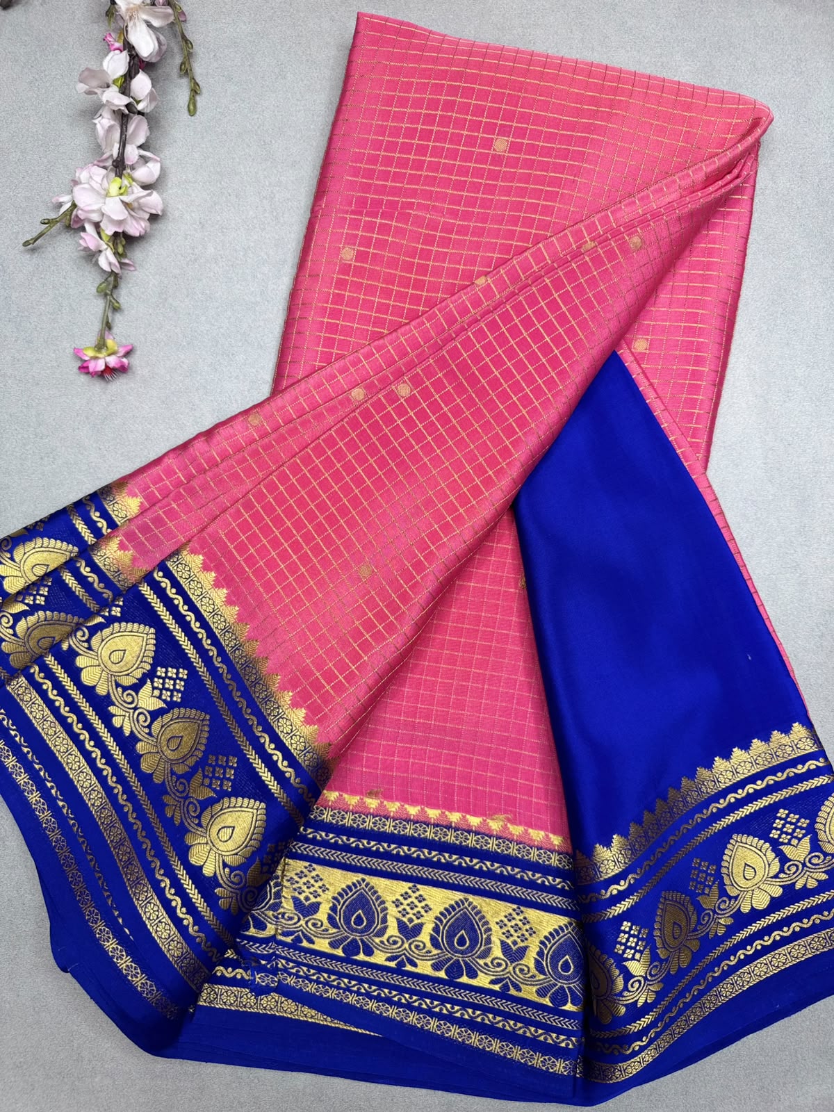 Pink Checks Pure Mysore Crepe Silk Saree 110
