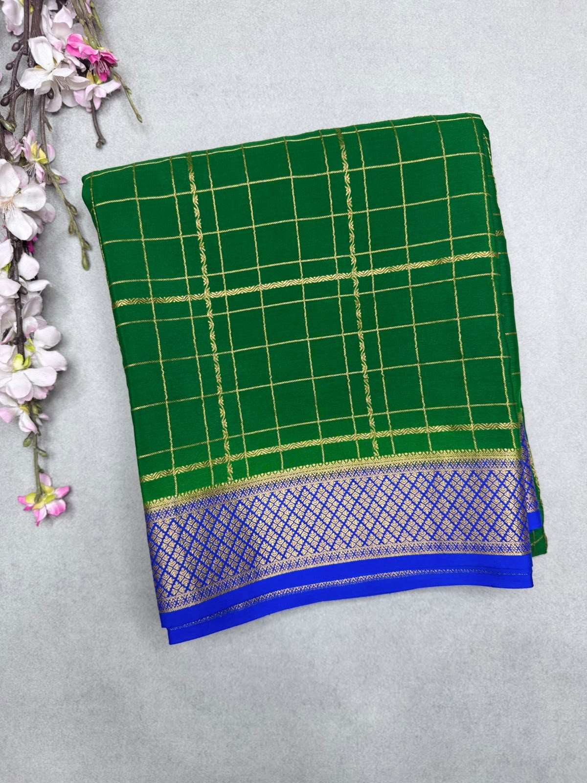 Green Checks Pure Mysore Crepe Silk Saree 110