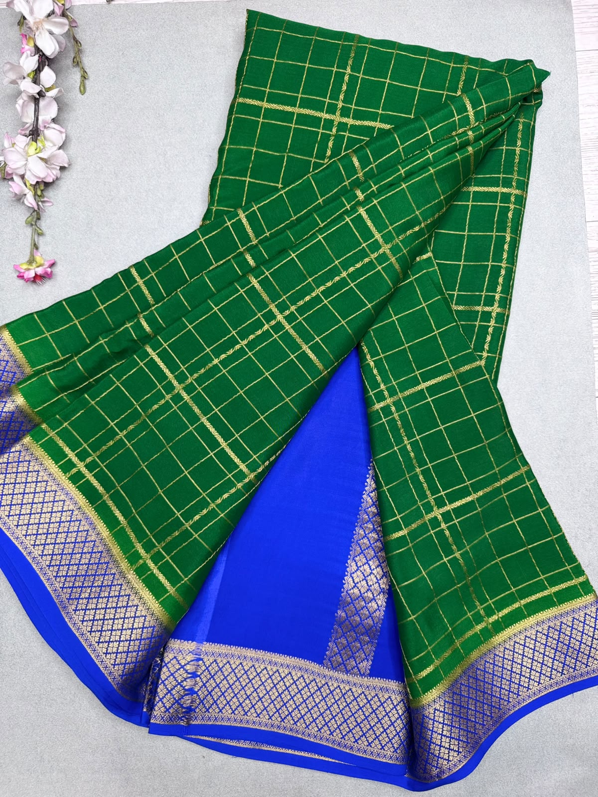 Green Checks Pure Mysore Crepe Silk Saree 110