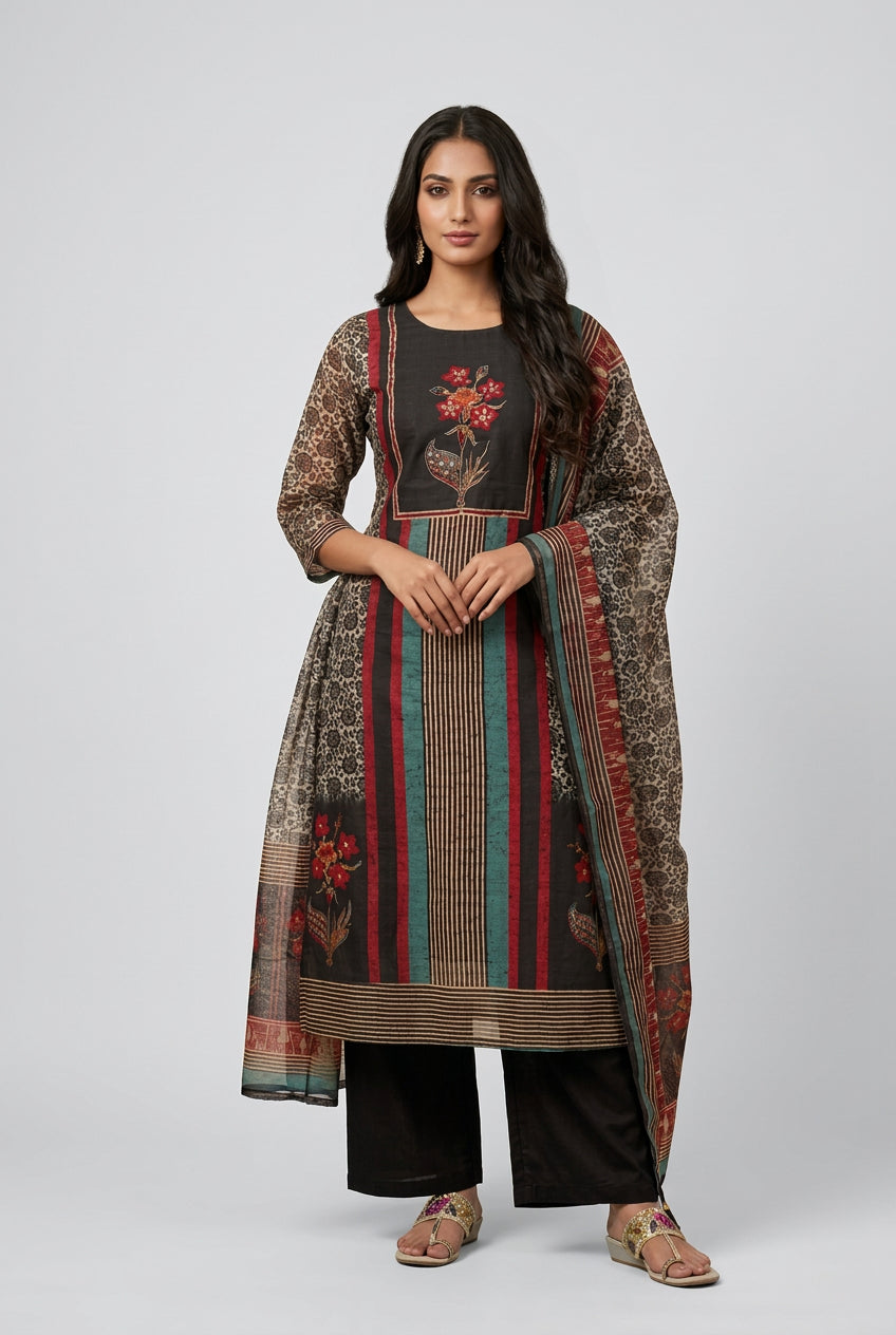 Black  Mul Chanderi Thread Embroidery Straight Fit  Kurtha 898
