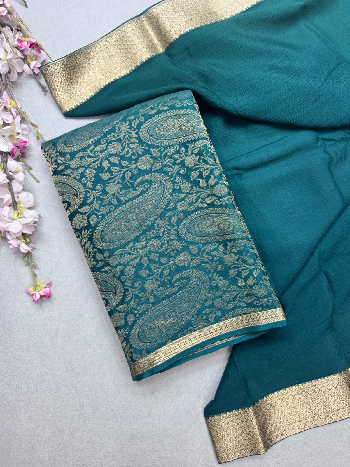 Peacock Green Brocade Mysore Silk Dress Material (Swara)
