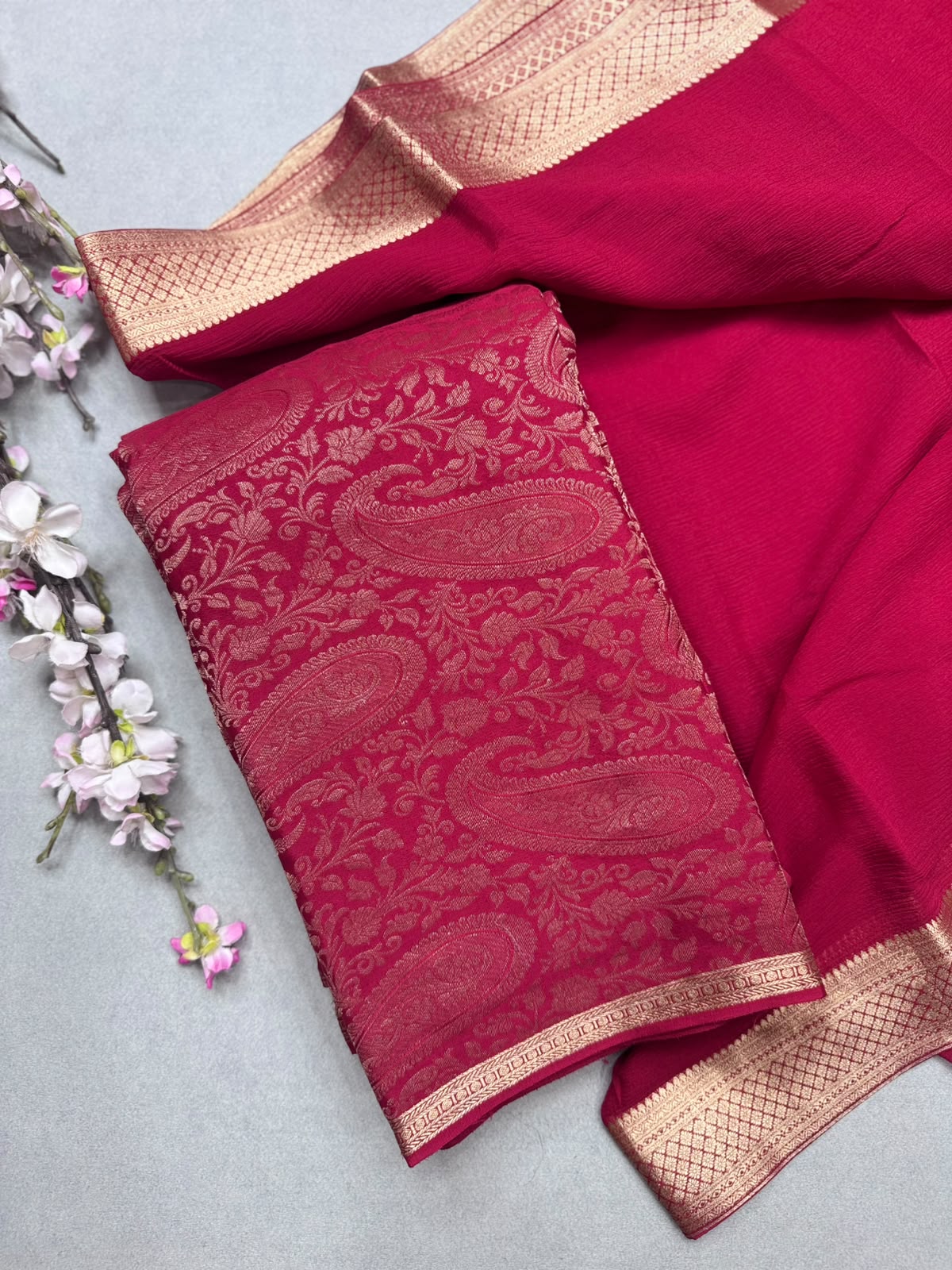 Red Brocade Mysore Silk Dress Material (Swara)