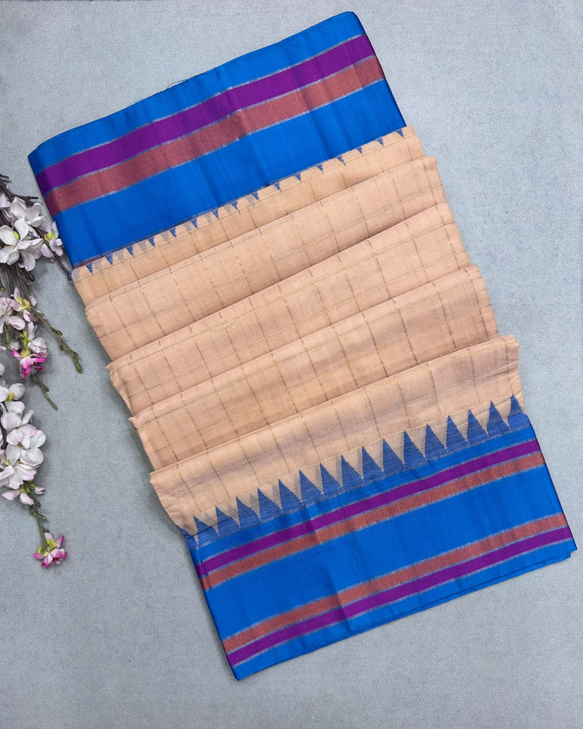 Peach Checks Ponduru Handloom Cotton Saree (Swara)