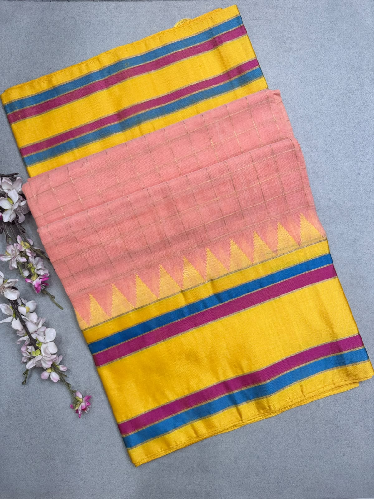 Peach Checks Ponduru Handloom Cotton Saree (Swara)