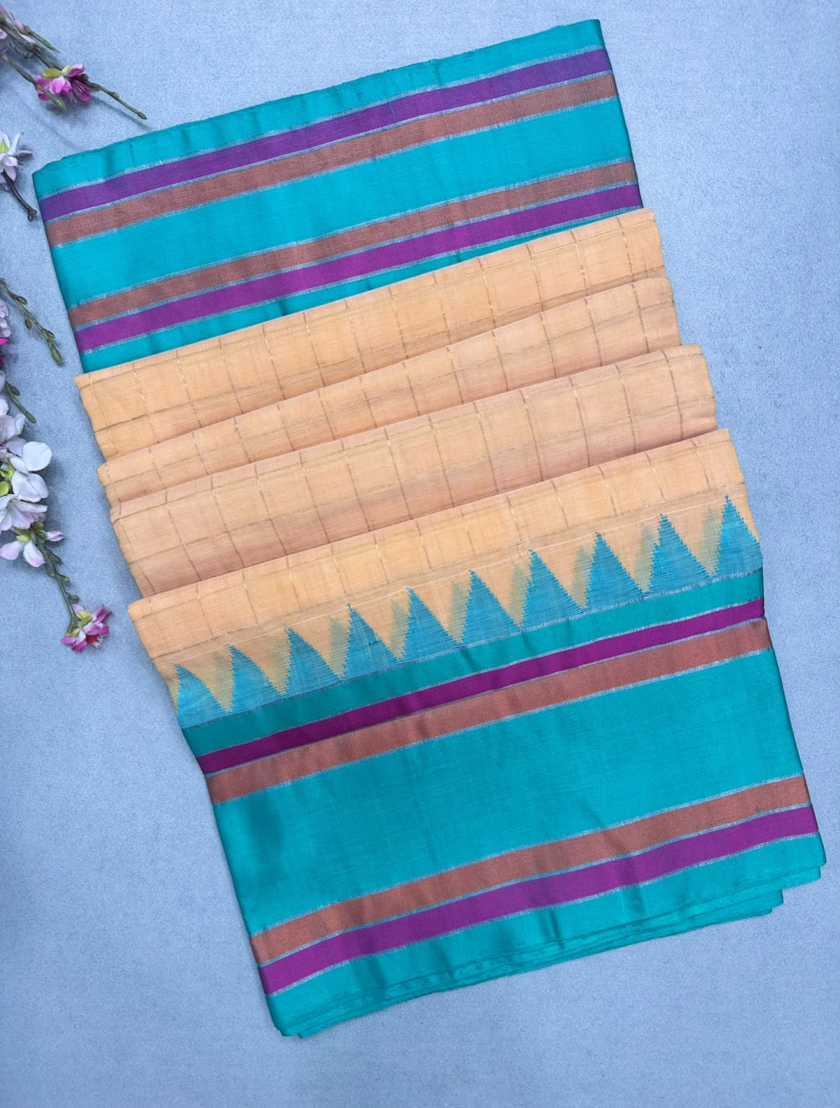Peach Checks Ponduru Handloom Cotton Saree (Swara)
