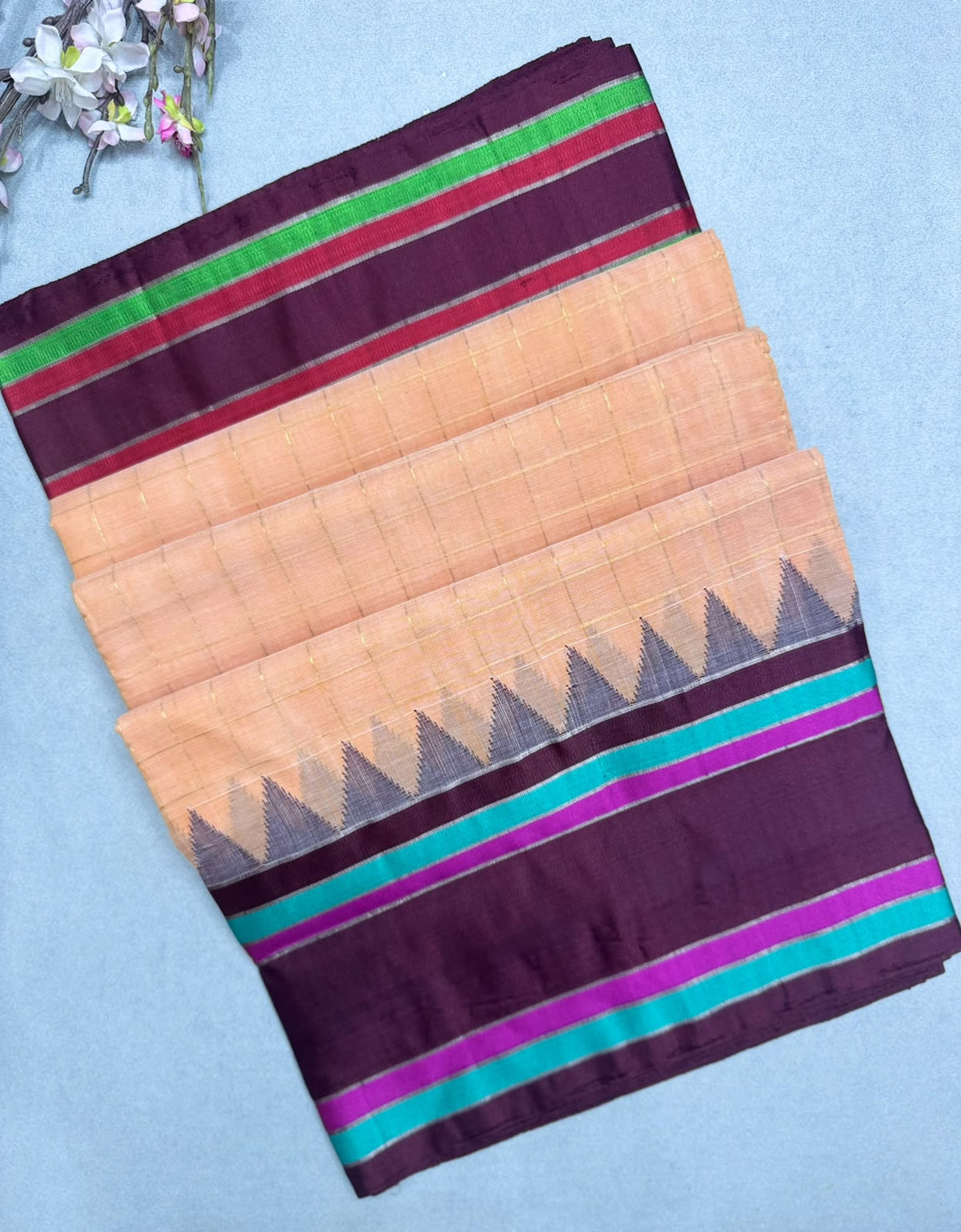 Peach Checks Ponduru Handloom Cotton Saree (Swara)