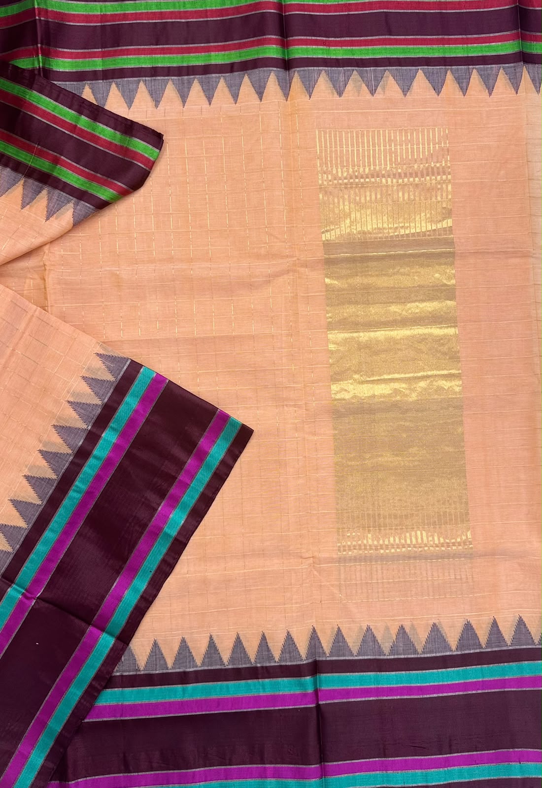 Peach Checks Ponduru Handloom Cotton Saree (Swara)