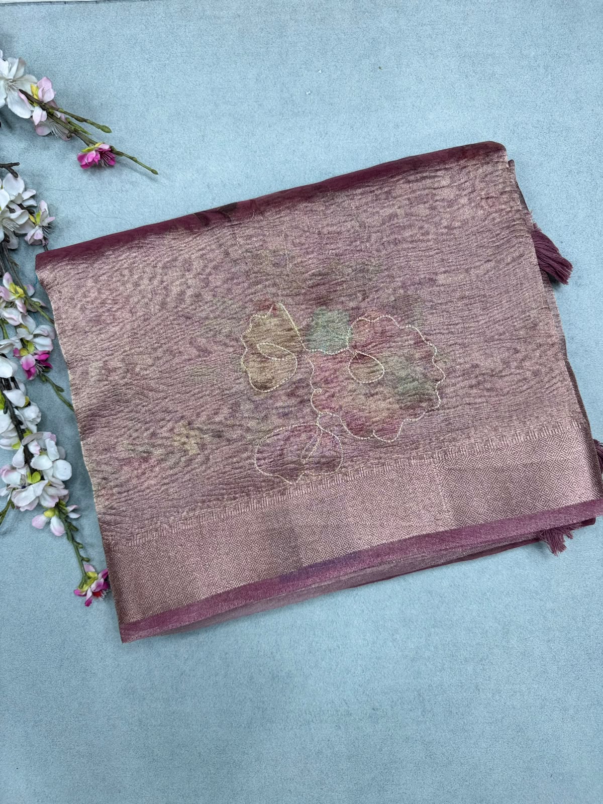 Pink Applique Work Tissue Saree 110