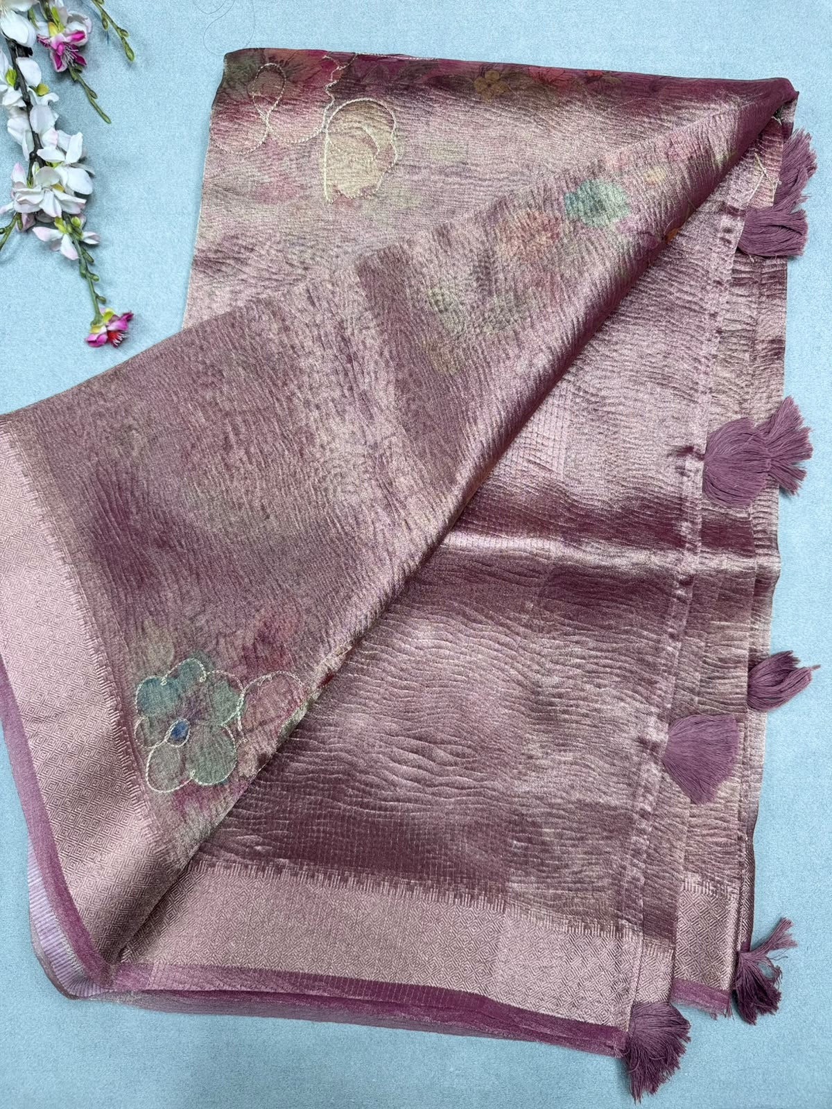 Pink Applique Work Tissue Saree 110
