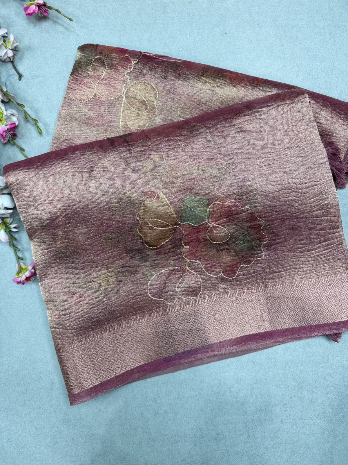 Pink Applique Work Tissue Saree 110