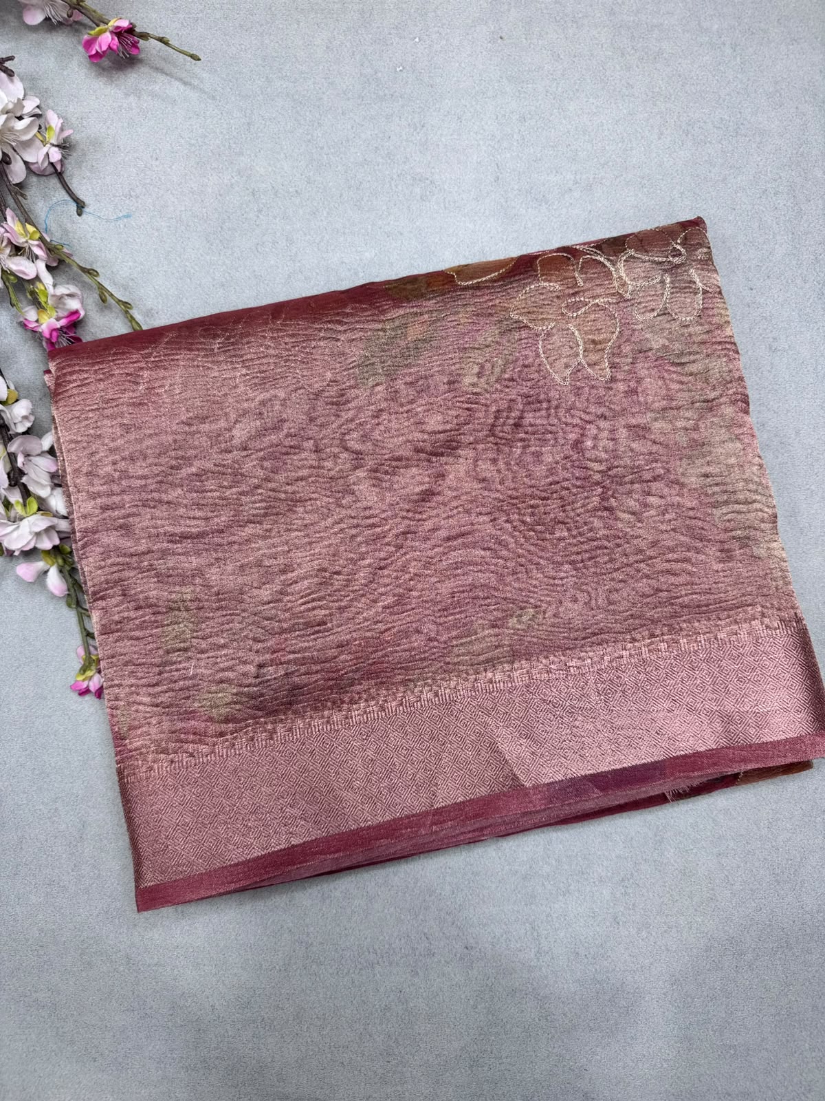 Peach Applique Work Tissue Saree 110