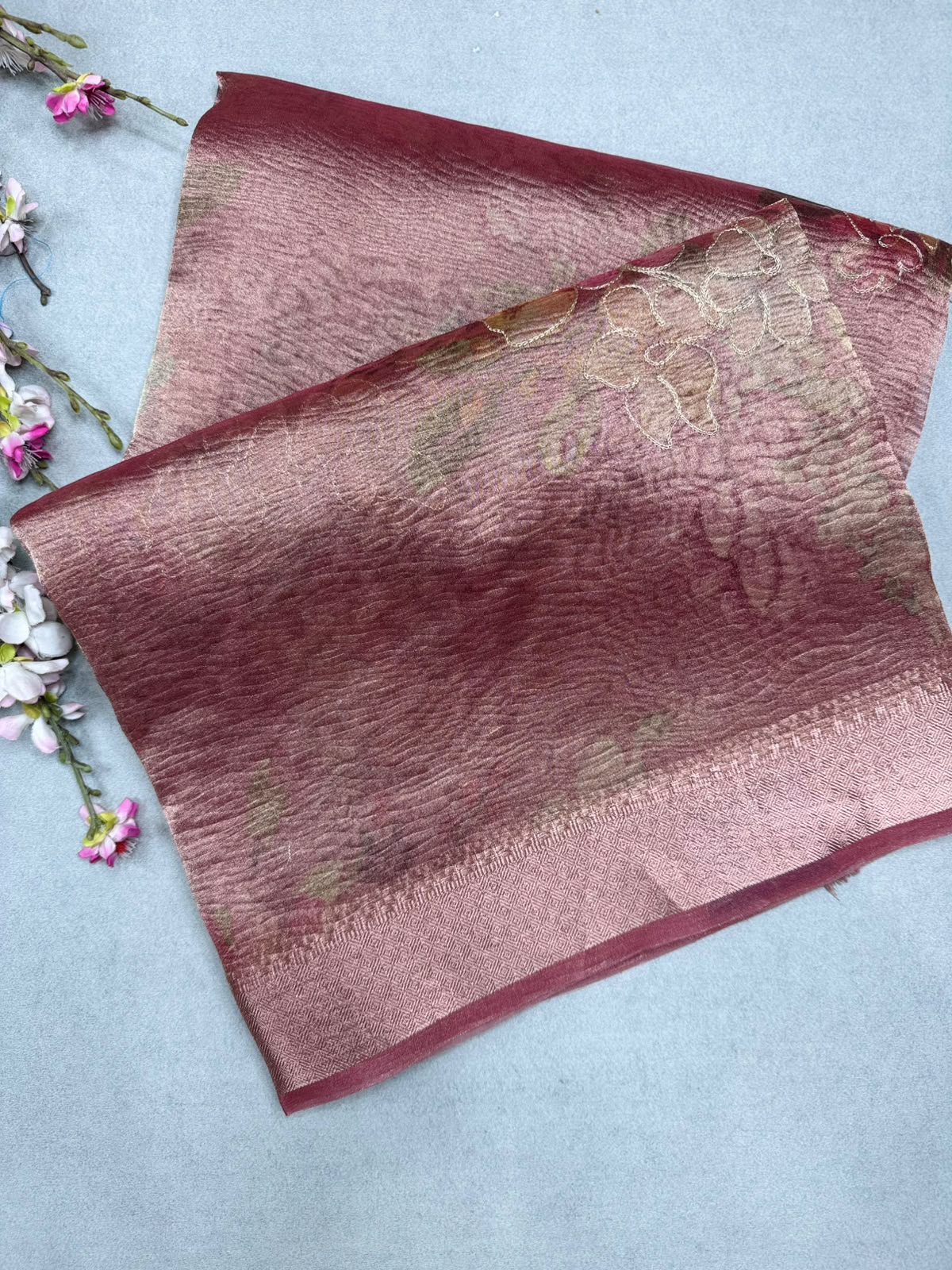 Peach Applique Work Tissue Saree 110