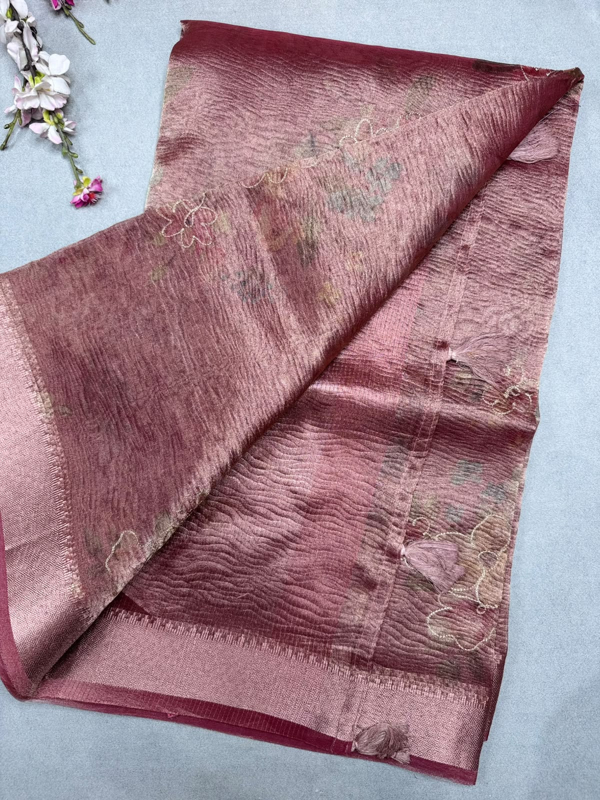 Peach Applique Work Tissue Saree 110
