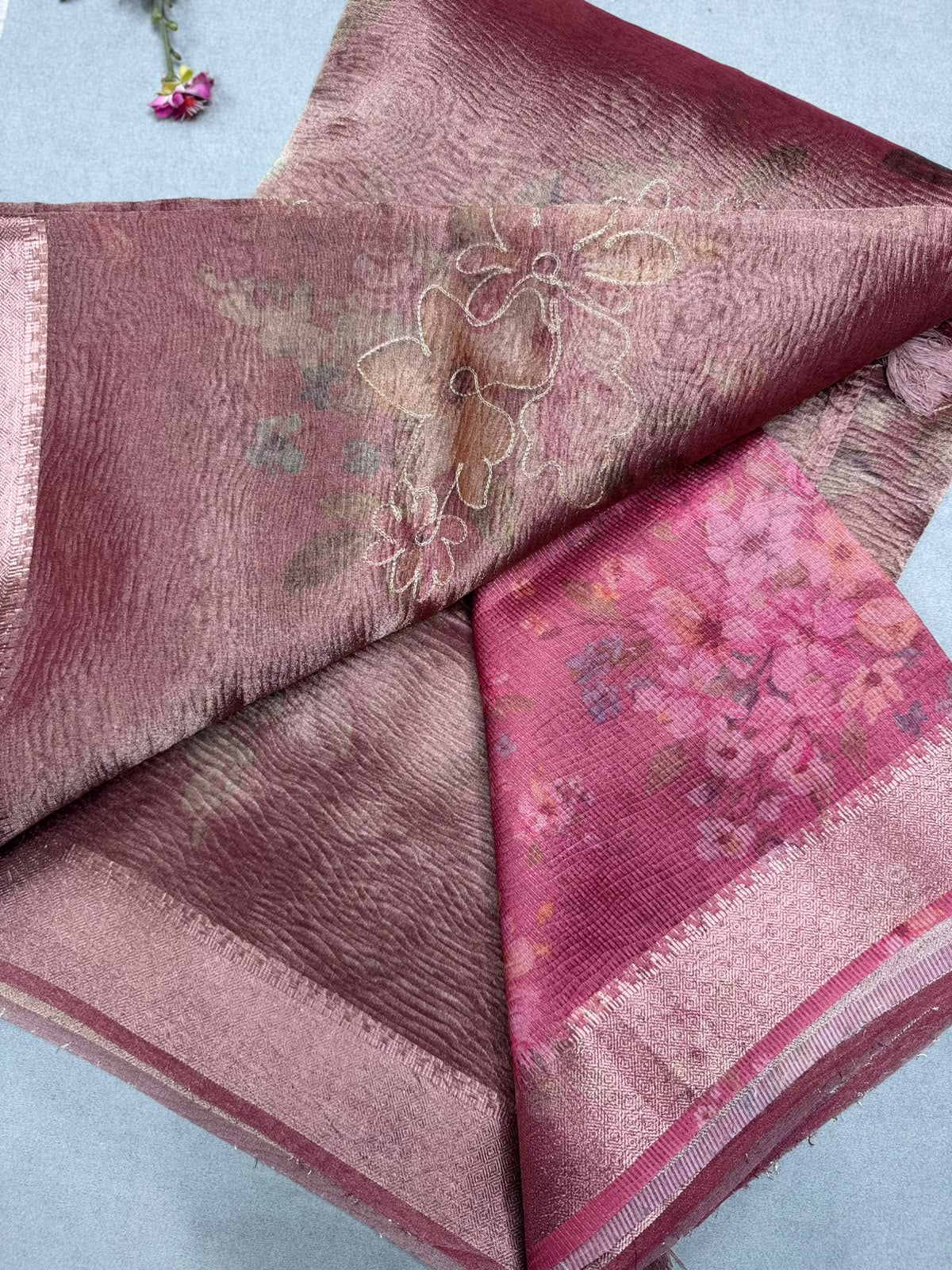Peach Applique Work Tissue Saree 110