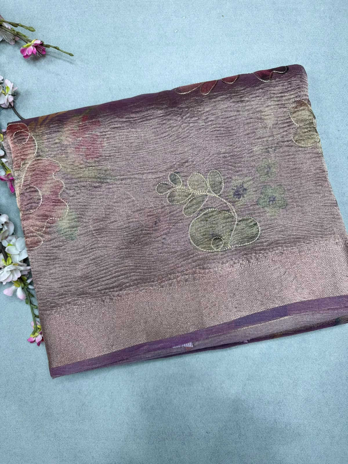 Mauve Applique Work Tissue Saree 110