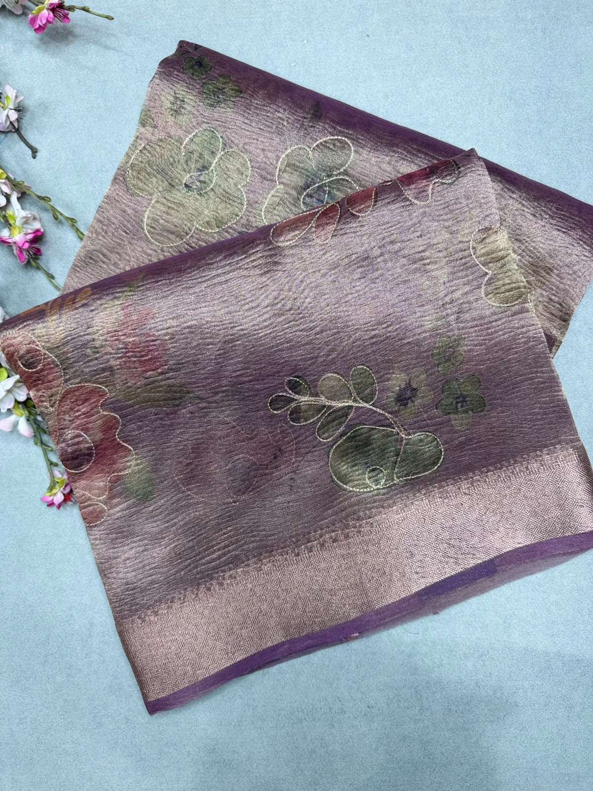 Mauve Applique Work Tissue Saree 110