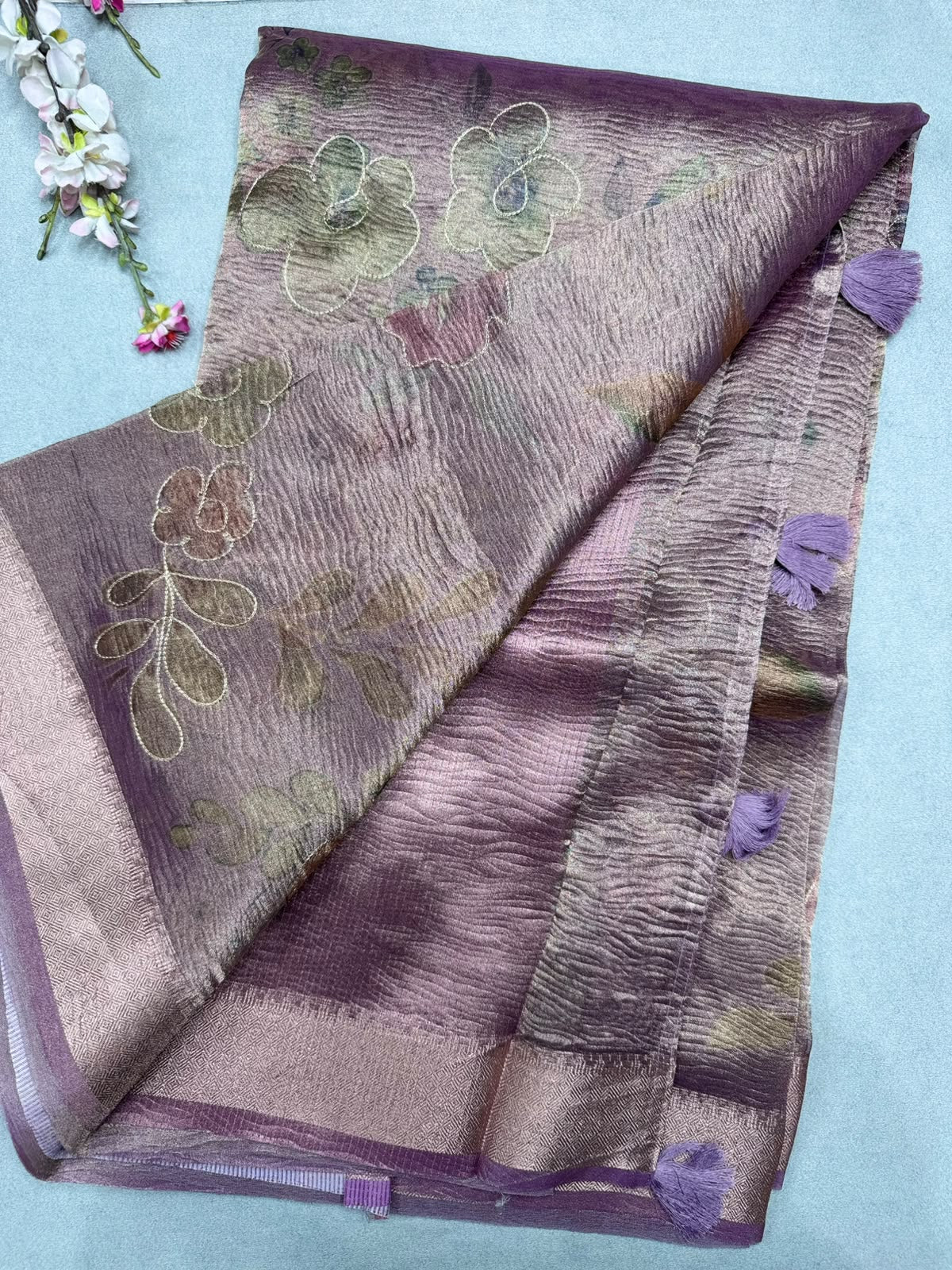 Mauve Applique Work Tissue Saree 110