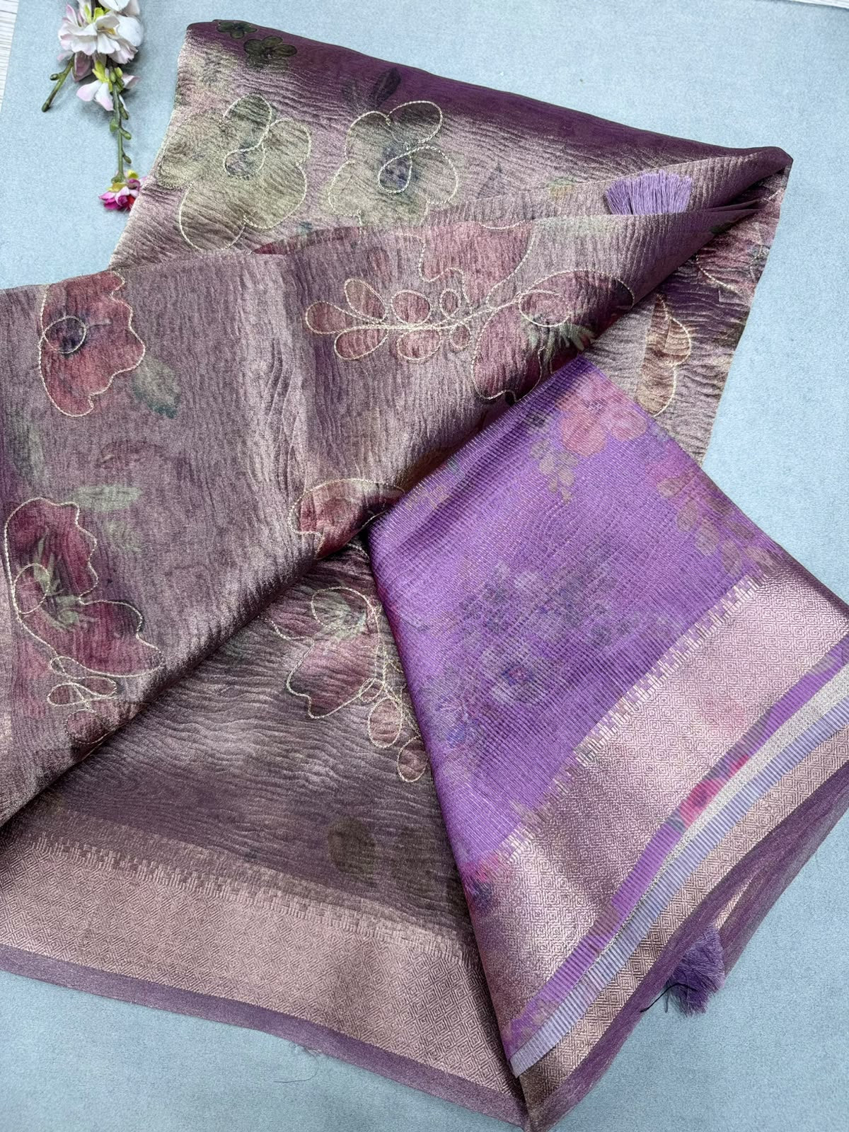 Mauve Applique Work Tissue Saree 110