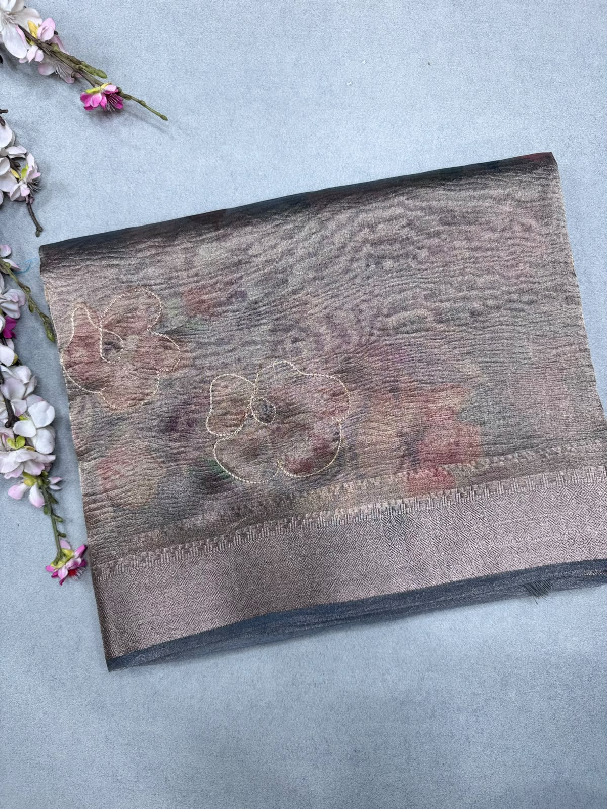 Grey Applique Work Tissue Saree 110